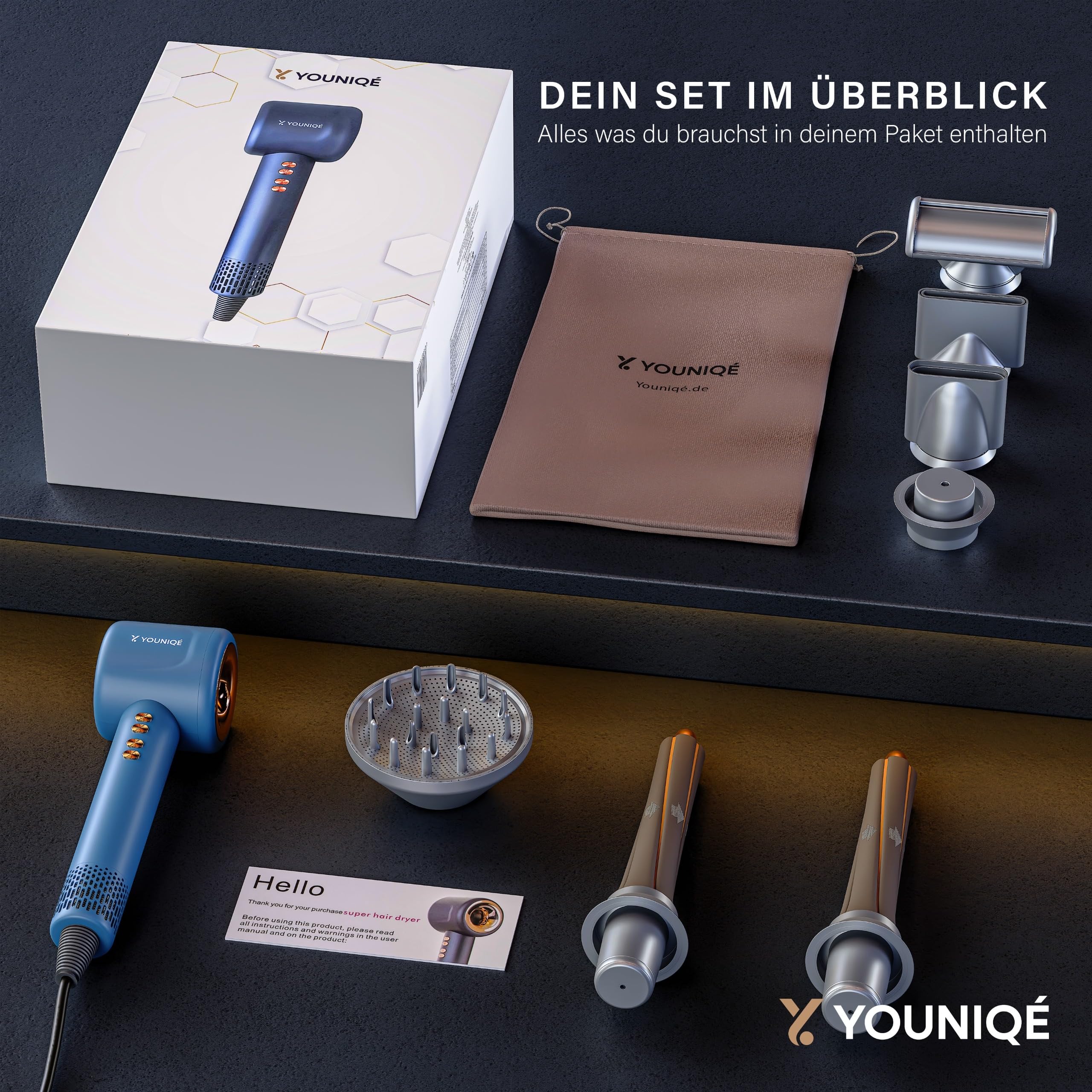 Haartrockner – 5-in-1 Föhn mit Ionen-Technologie, Lockenstab, Glättdüse, Diffusor & Konzentrator – 1600W, LED-Anzeige, 4 Temperaturstufen, Magnetaufsätze – Ergonomisch – Blau/Gold