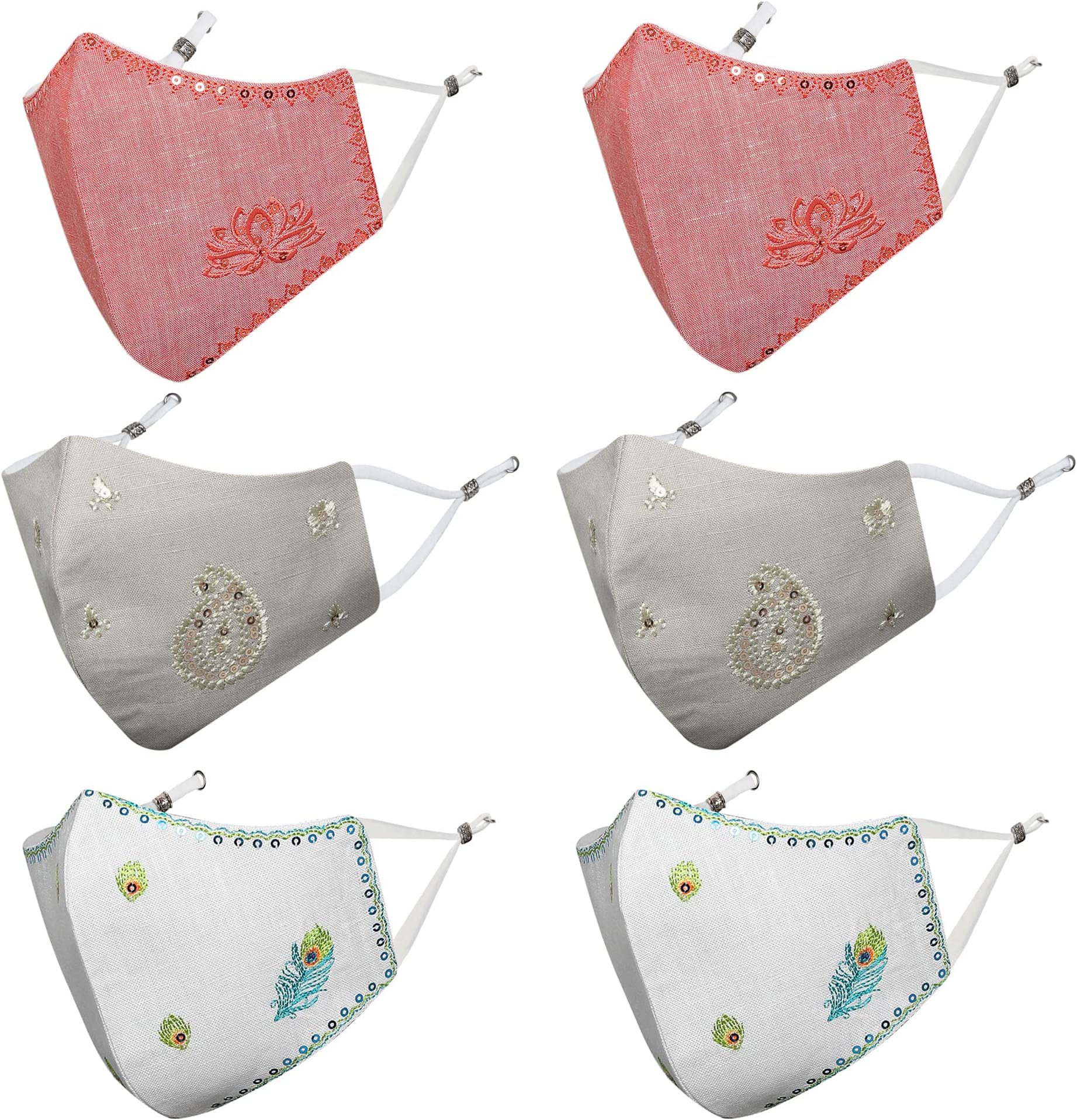 MASQ By Q-One Lotus 4 Layer, Reusable, with Ear Adjusters, Anti-Bacterial (BFE>99%) Embroidered Linen Cotton Cloth Face Mask Combo for Women, Girls (White-Red-Beige)