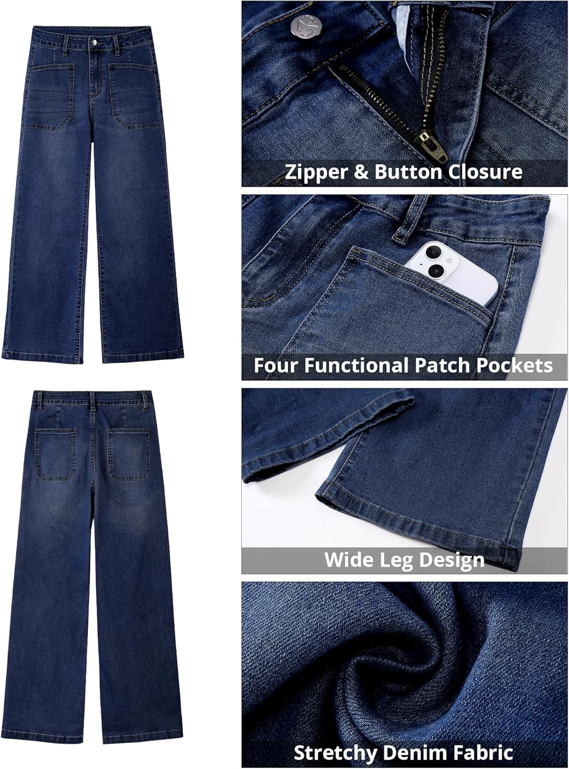 GRAPENT Wide Leg Jeans Woman Trendy Cropped High Waisted Patch Pocket Stretch Denim Pants Baggy Loose Straight Leg Jeans - Image 6