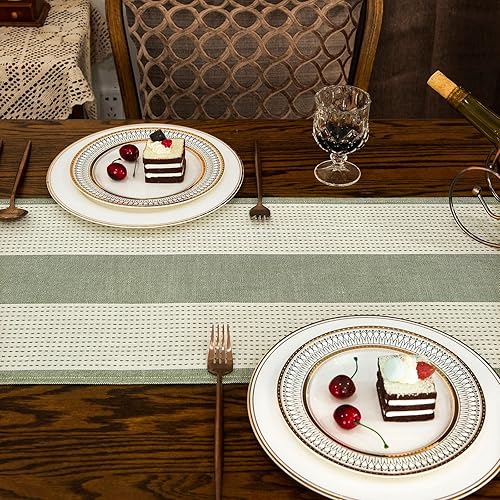 Miniatura 2 de GLORY SEASON Camino de mesa de 72 pulgadas de largo rústico macramé camino de mesa a rayas verde azulado (verde  beige, 13 x 72 pulgadas)