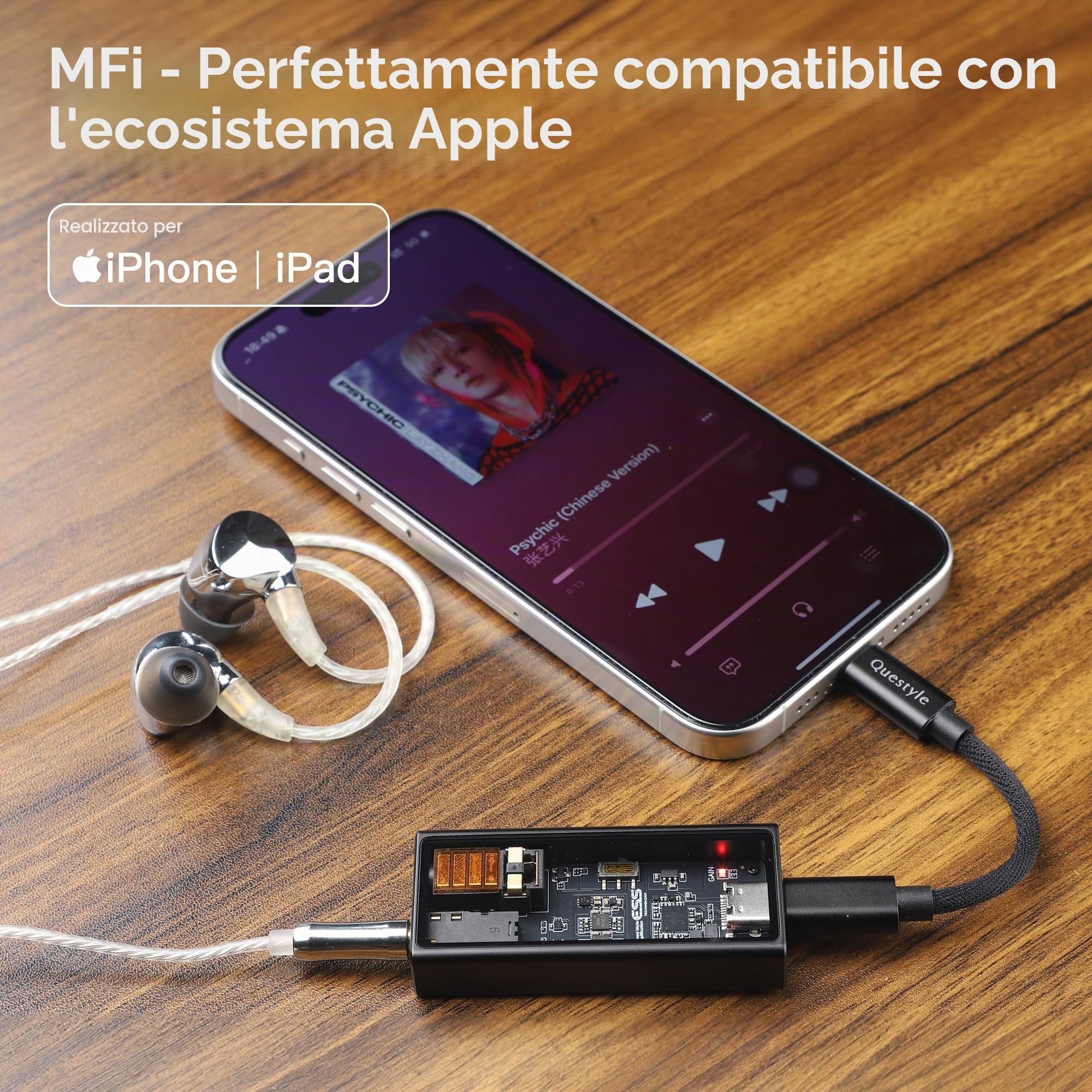 Questyle M15i Amplificatore per Cuffie Portatile DAC USB con Doppio Jack, Amplificatore per Cuffie Portatile - Certificato MFi, DAC ad Alta Risoluzione - Basso Rumore, per iOS/Android/PC