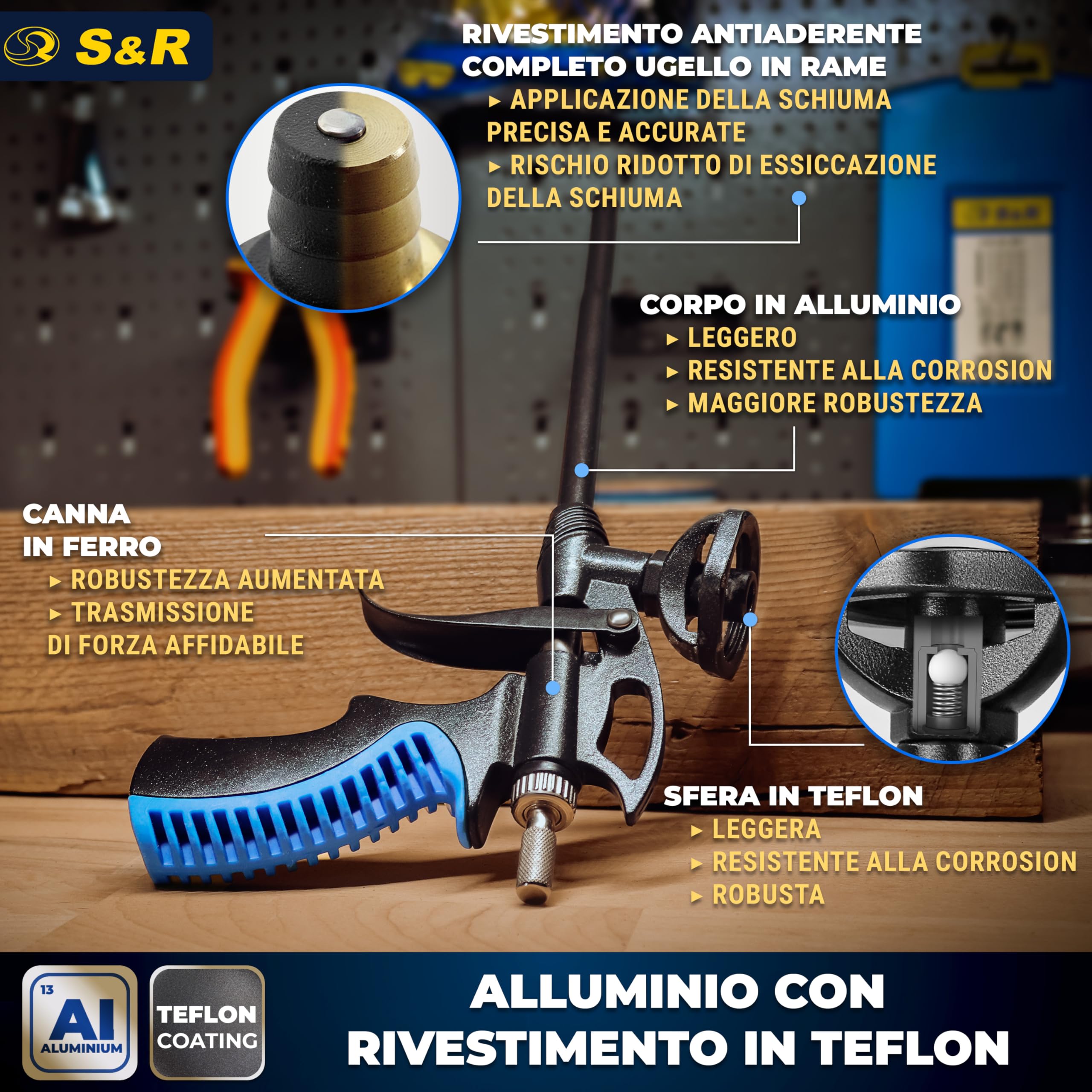 S&R Pistola Schiuma Poliuretanica Professionale PU 345 mm. Pistola per Schiuma Espansa Rivestimento Antiaderente e Ugello Acciaio Inox e Teflon. Foam Gun Dosaggio di Precisione.