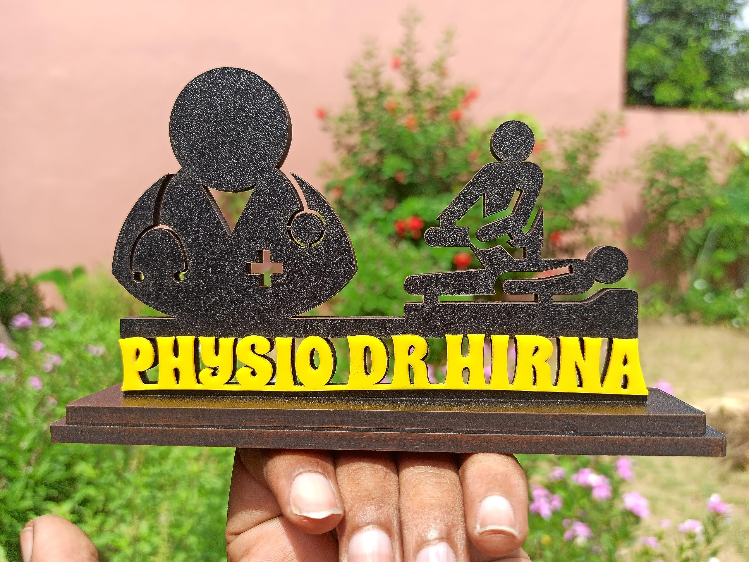 PhysioPro - Premium Table Top Name Plate for Physiotherapists | Imported Black MDF and Yellow Acrylic | Ideal Gift (4x6 inches) — Amazon image 5