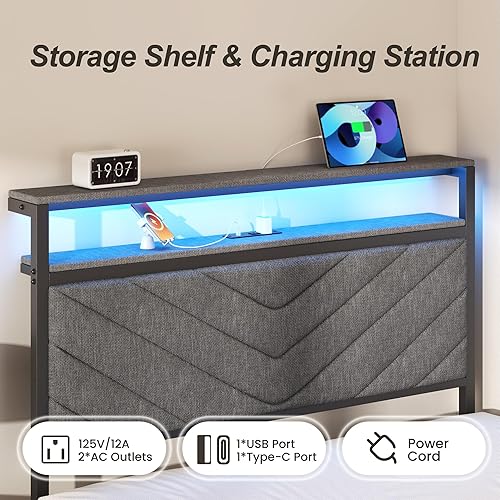 Miniatura 6 de HISOFT Marco de cama individual con estación de carga, luces LED y 2 cajones de almacenamiento, cama plataforma gris con cabecera tapizada,