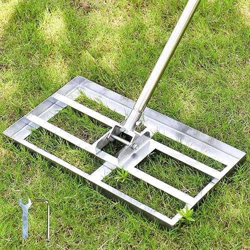Rastrillo nivelador de césped, rastrillo nivelador de césped de 6.5 pies, 17 x 10 pulgadas, con mango ajustable, herramienta de nivel de césped de