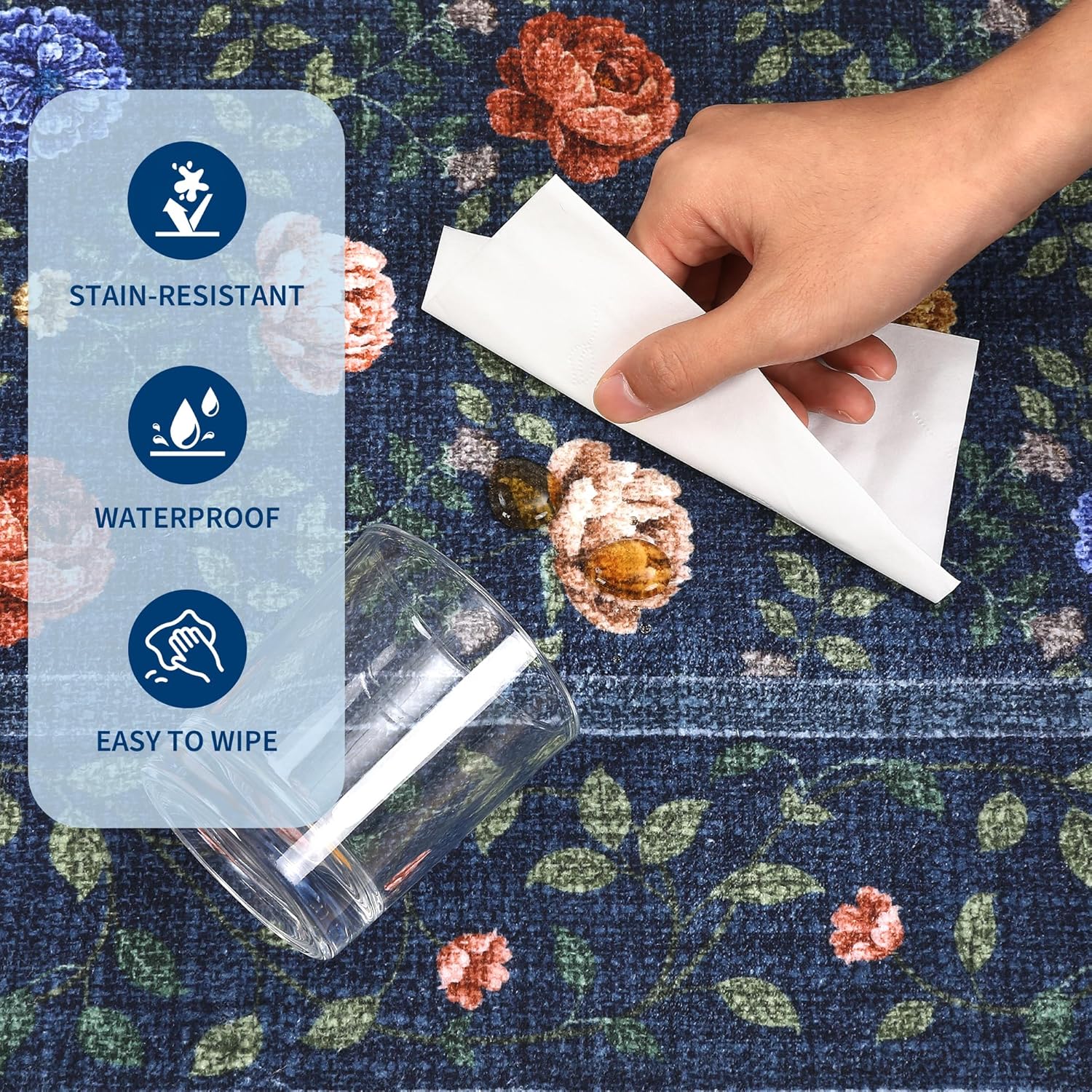 GarveeHome Runner Rug for Hallways 2x6 Kitchen Rugs, Non Slip Washable Vintage Floral Runners Soft Low Pile Botanical Print Stain Resistance Long Carpet for Entryway Bedroom, Navy Blue