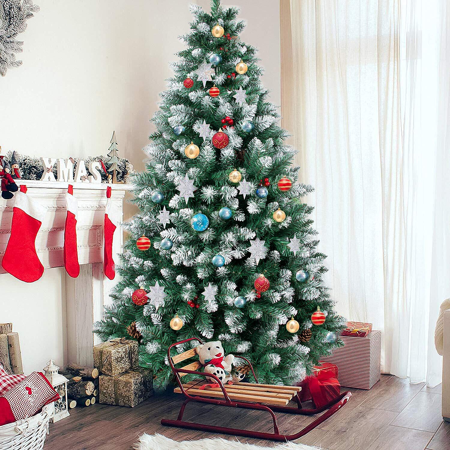 Árbol de Navidad Artificial Pino, Material PVC, Soporte Metal, 120/150/180/210cm Arbol Navideño Decoración con Blanco Nevado, Frutos Rojos, Piñas Verdaderas - 180cm, 930puntas