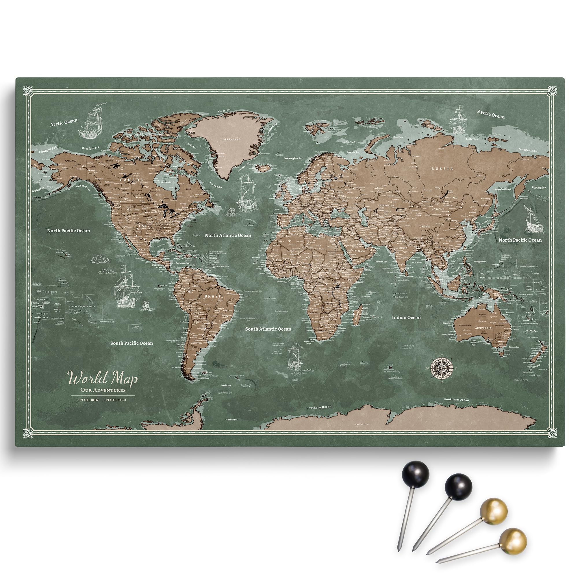 Personalized Push Pin World Map on Cotton Canvas, Travel Tracker with 100 Pins, Custom Wall Decor to Mark Travels, Ready to Hang (Design 2, 120 x 80 cm)