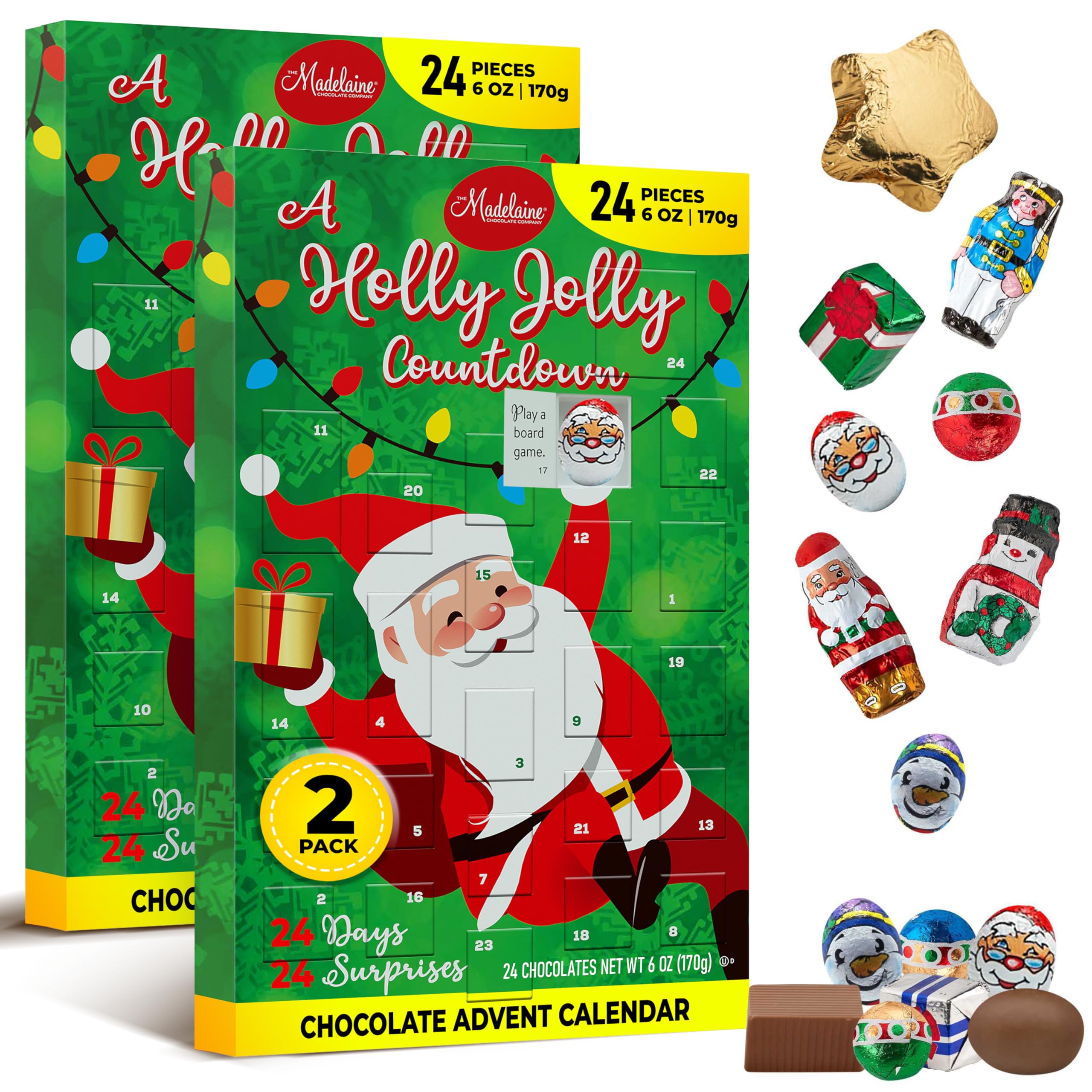 Madelaine Chocolate 2025 Advent Calendar - Christmas Countdown with 24 Individually Wrapped Milk Chocolate Treats - Perfect Holiday Gift for Kids - 6 oz - Pack of 2