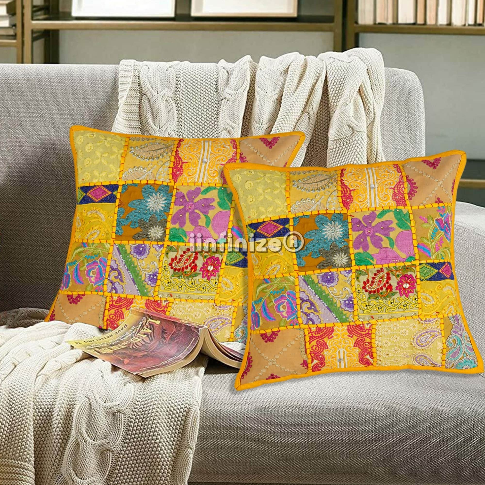 Cototn 2 Pcs Patachwork Khambadiya Cushion Cover All Shape Embroidery Vintage Banjara Style Home Decor Cushion Cover Rajasthani Pillows (16x16 inch Square, Yellow)