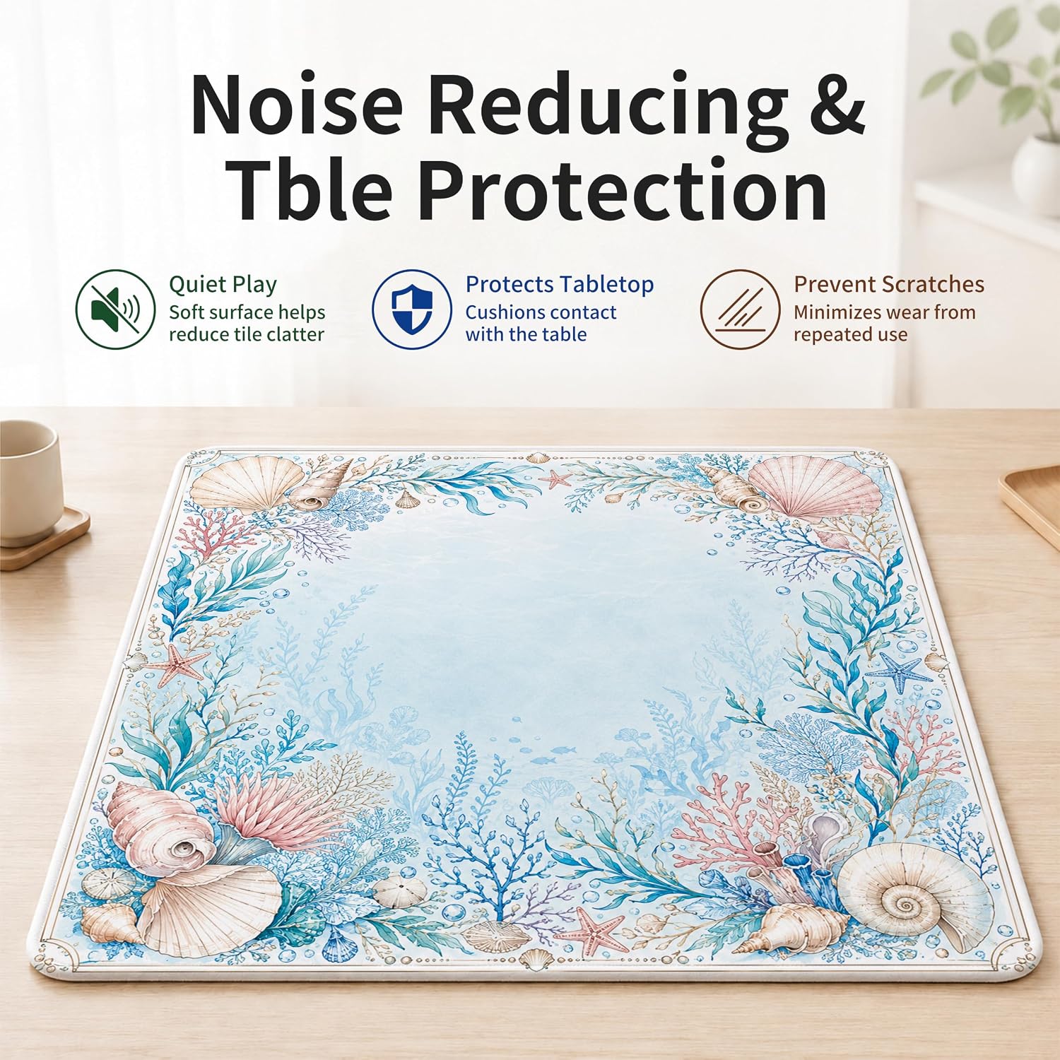 Blue Pretty Coastal Ocean American Mahjong Mat 31.5 X 31.5 Inch | Coastal American Mahjong Mat for Table, Blue Waterproof Non-slip Noise-Reducing Ocean American Game Table Mats