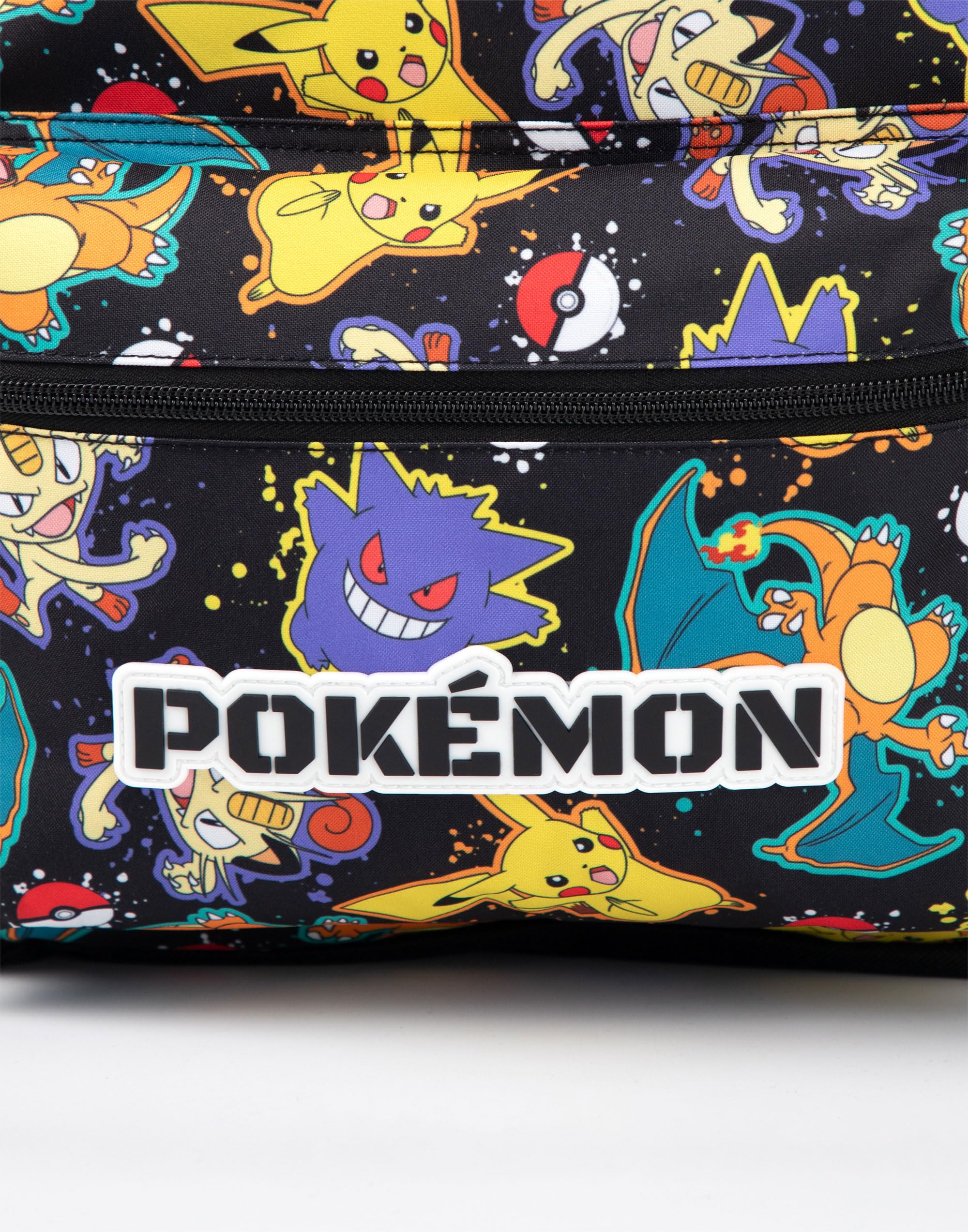 Pokémon Mochila Pikachu Charizard Gengar Meowth en Negro | Personaje infantil Bolsa estampada por toda la prenda | Correas de hombro ajustables, bolsillo frontal y soporte de malla