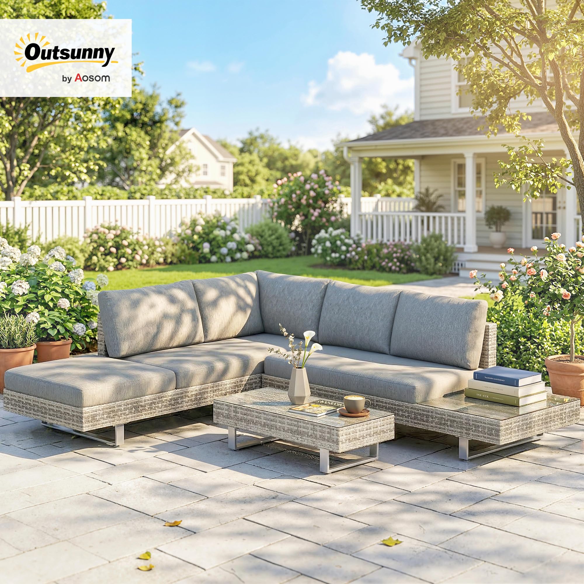 Outsunny Conjunto de Muebles Ratán de 3 Piezas Mesa de Centro Sofá Doble y Sofá de 3 Plazas con Cojines Extraíbles para Exterior Jardín Terraza Patio Acero Gris