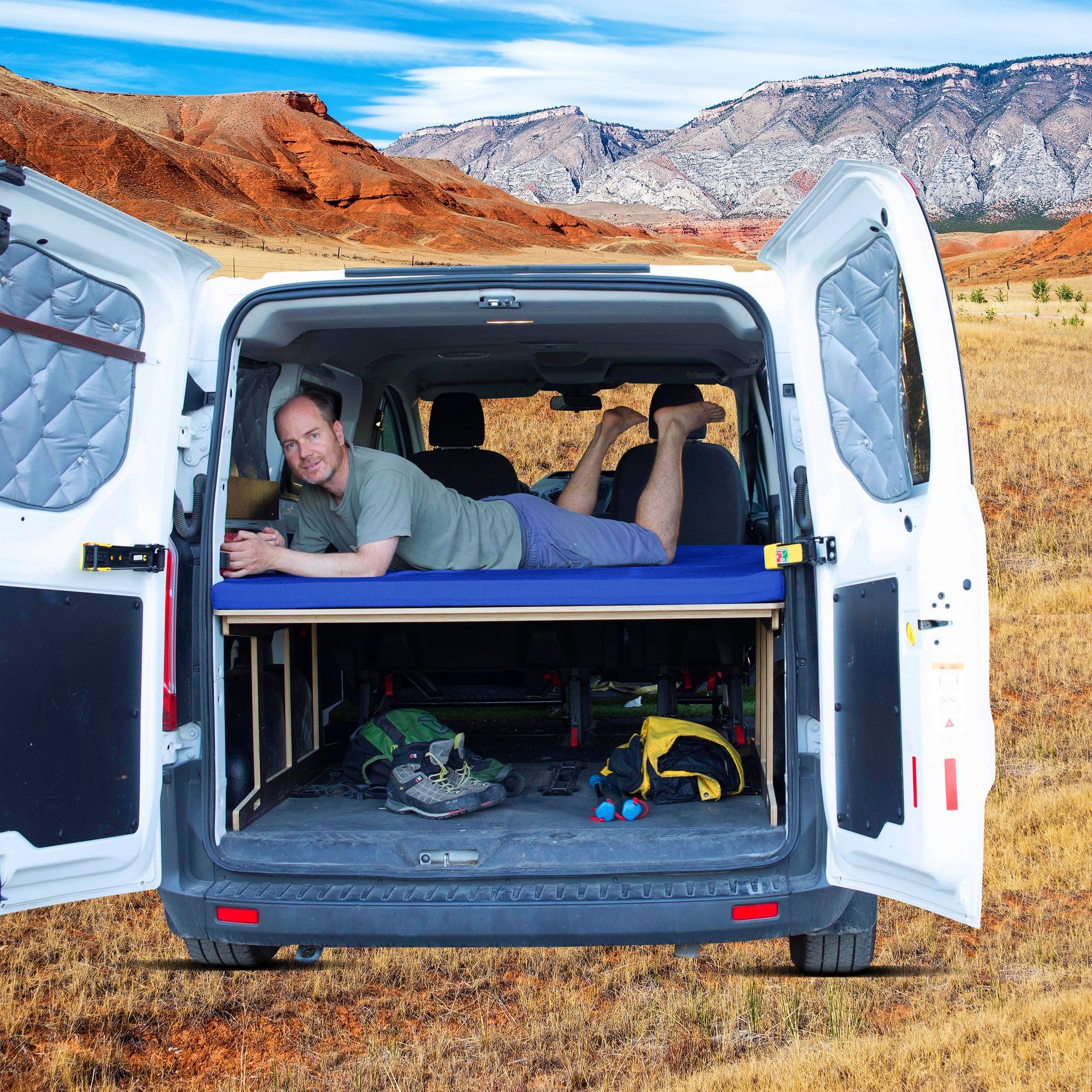 Camper Bett für Ford Transit Custom 2014, Camper Ausbau mit Faltmatratze – Leichter Lattenrost, Einfache Montage, Großer Stauraum