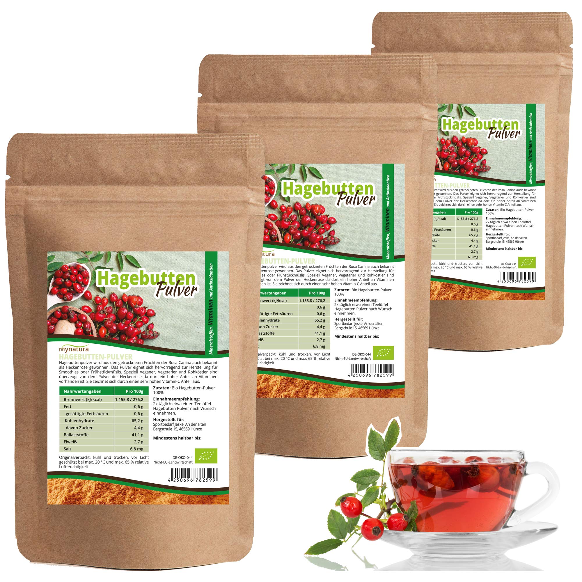 Mynatura Bio Hagebuttenpulver 3x 1000g I Pflanzlich I Schonend Verarbeitet I Heckenrose I Naturrein I ohne Gentechnik I Vitamin-C I Hagebuttenmehl I DE-ÖKO-044 I ((3x1000g))