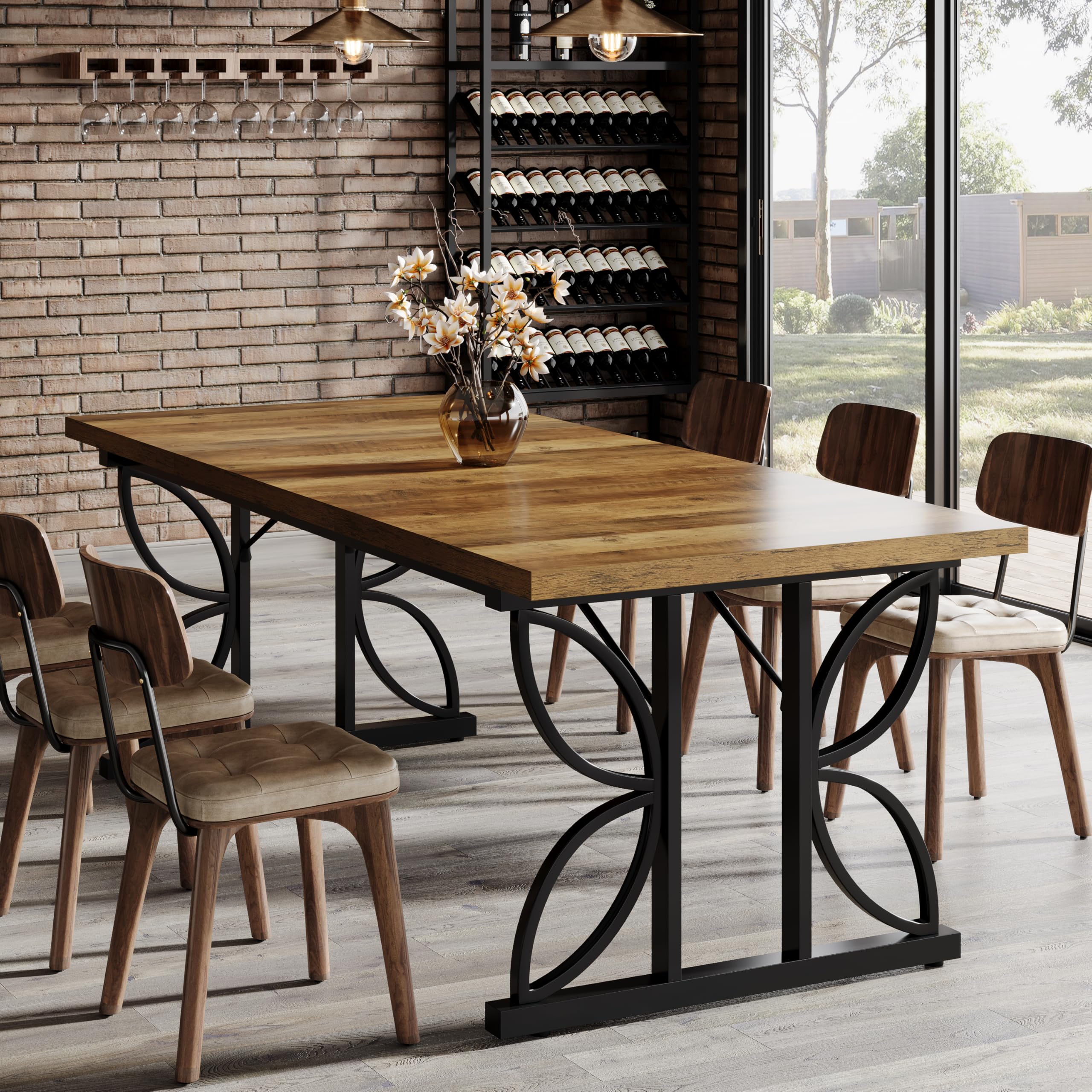 Tribesigns Mesa de comedor rectangular, mesa de cocina industrial para 6-8 personas, mesas de comedor de 180 x 80 cm con base de metal, mesa de comedor para cocina, sala de estar, marrón