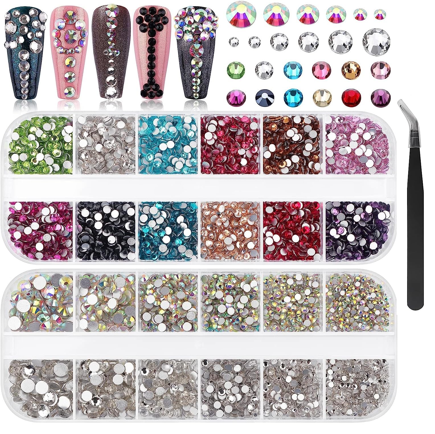 D.B.Z. Nail Art Rhinestones, Crystal Flatback Nail Gems with Picker Tweezers for Nail Art DIY Craft Decoration