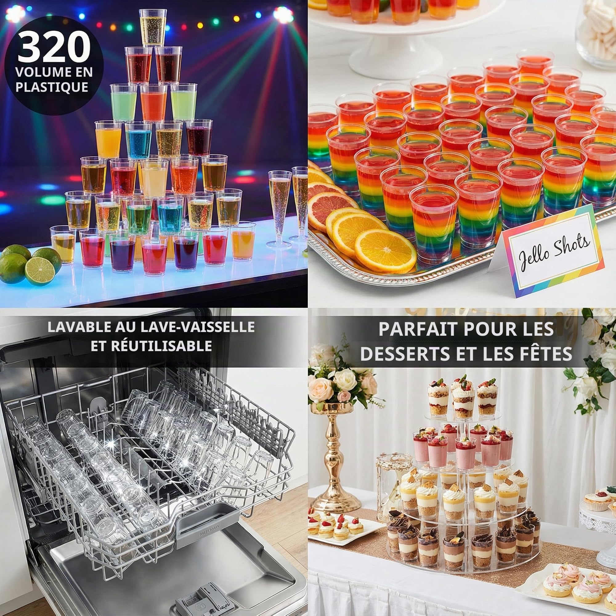 MIJOMA Lot de 320 verres à liqueur incassables en plastique robuste, verres à shot Jello, desserts, fête, mariage, anniversaire. Passe au lave-vaisselle, réutilisables, 29 ml (Transparents)