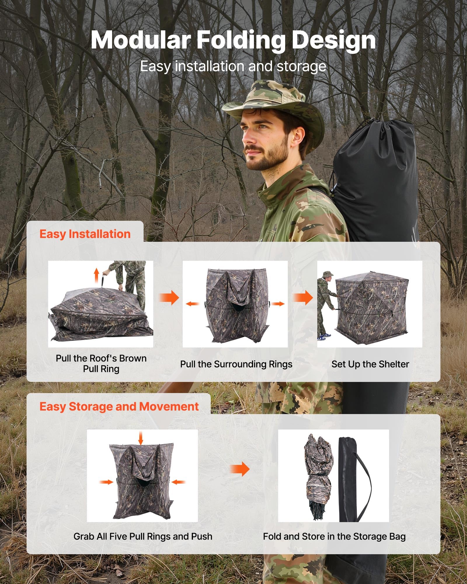 VEVOR Caccia, Tenda Termica per 2 a 3 Persone con Sedia a Tre Gambe Borsa per Il Trasporto, Mimetica Portatile, Riparo Nascosto Resistente con Porta e Finestra con Cerniera Unisex Adulto