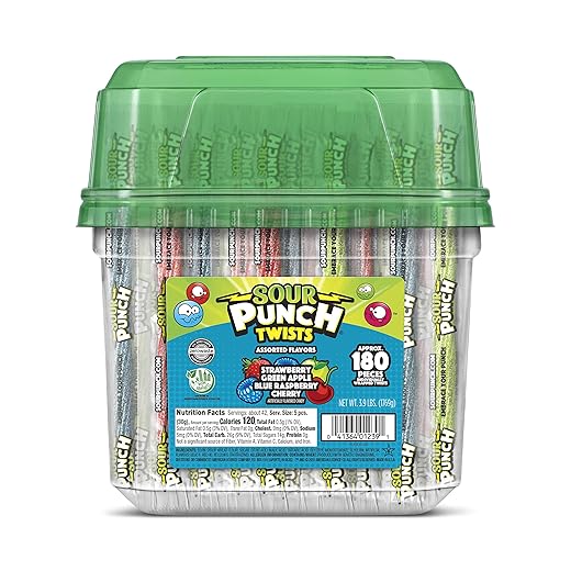 Sour Punch Twists, 6" Individually Wrapped Soft & Chewy Candy Tub, 4 Fruit Flavors, 62.4 Oz
