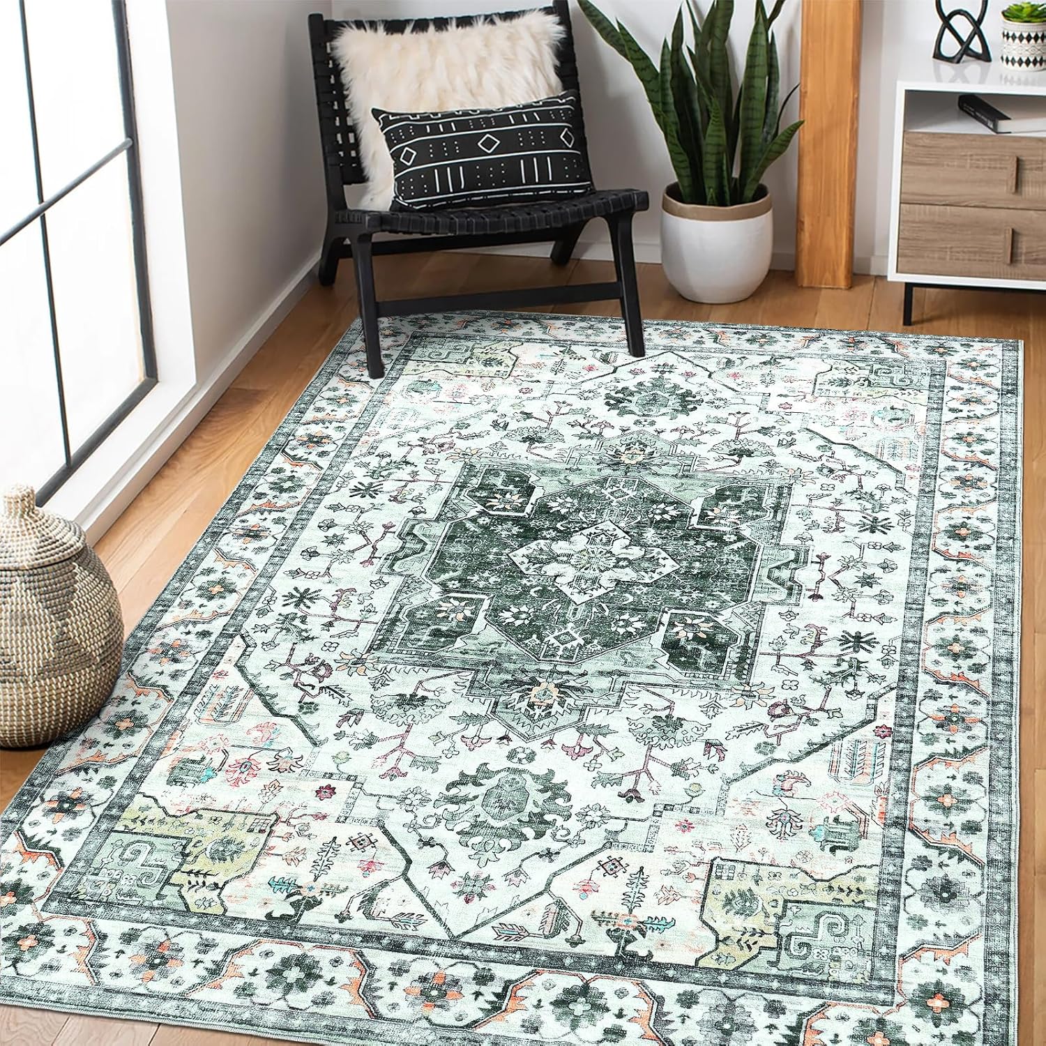 Boho Area Rugs for Bedroom, 3x5 Washable Rugs for Kitchen Entryway, Non Slip Low Pile Living Room Carpet, Soft Vintage Small Carpet for Kids Room, Playroom, Dining Room, Dorm, Green Green 3' x 5' (Rectangular)
