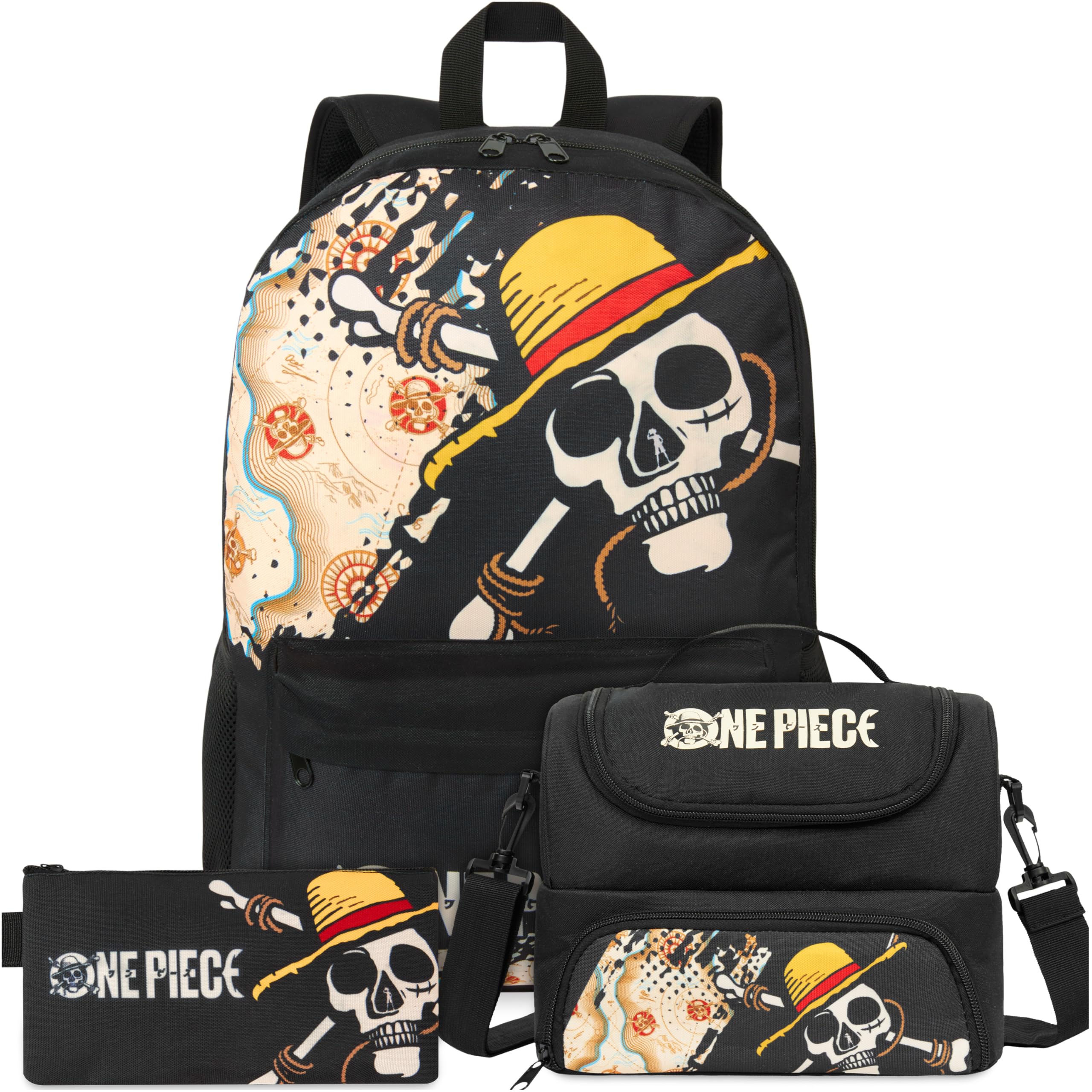 Get Trend One Piece Zaino Ragazzo Set, 3 Pcs con Zaino Scuola, Borsa Termica Porta Pranzo e Astuccio Scuola, Regalo Bambini (Nero/Multi One Piece)