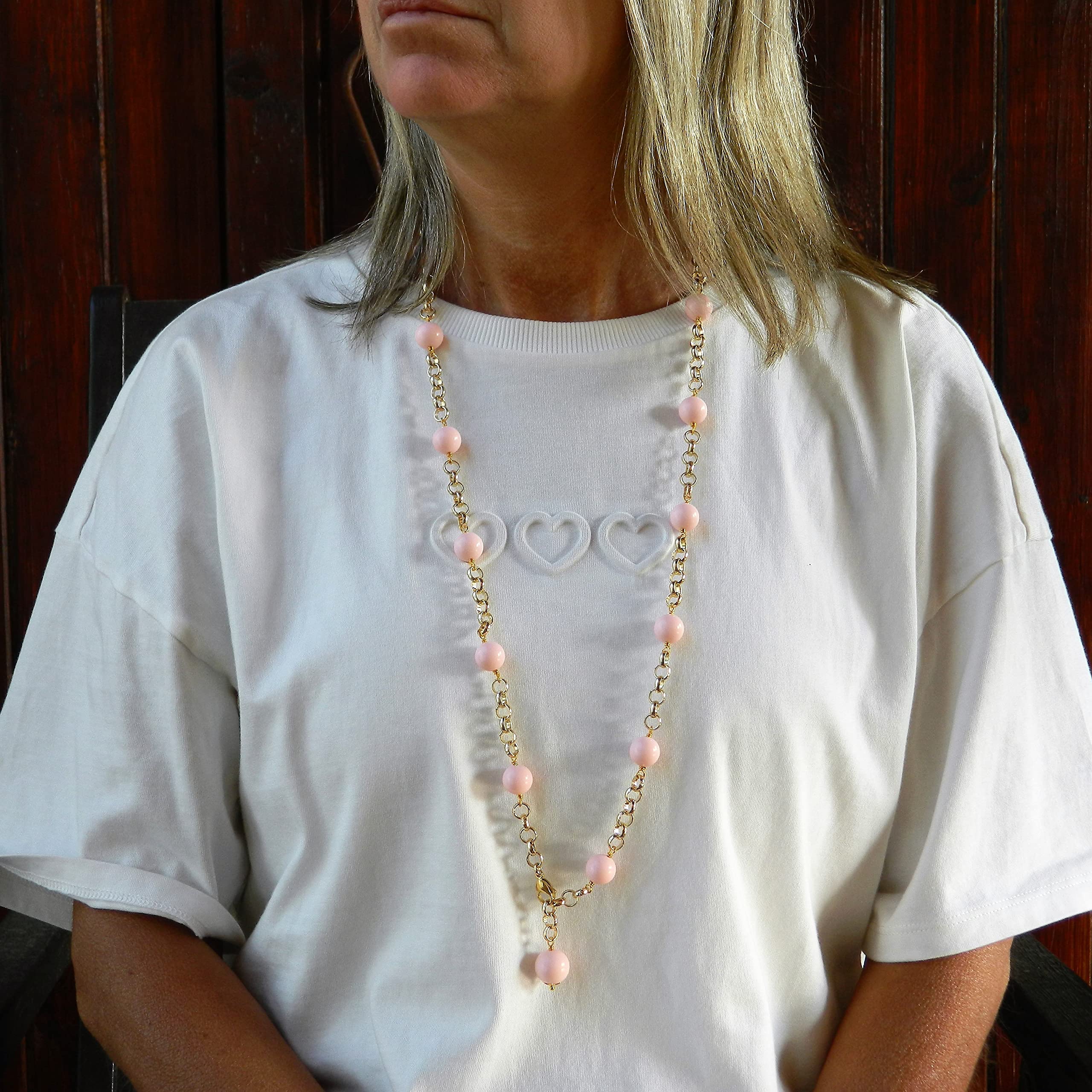 Collana Lunga Donna DodiGioielli Pasta di Corallo Rosa Chiaro 86 cm | Gioiello Artigianale, Made in Italy, Chiusura Dorata, Nickel Free