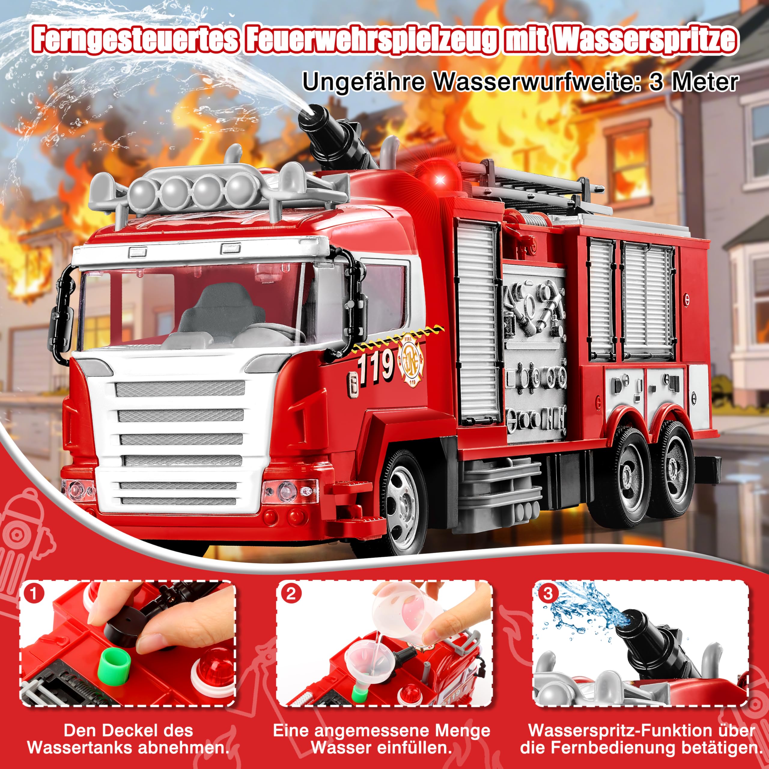 MOMOSTAR Feuerwehrauto Ferngesteuert, 1:18 Feuerwehr Auto mit Licht Sound Wasserspritz, Feuerwehrauto Spielzeug für Kinder ab 3 4 5 6 Jahre, Groß Feuerwehr Spielzeugauto Geschenk für Junge