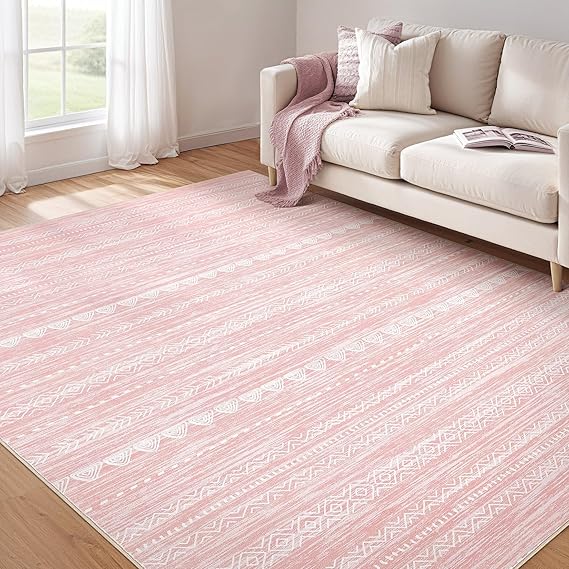 Nakagishi Pink Rugs for Bedroom Girls: 4x6 Washable Boho Large Neutral Area Rug Cute Soft Modern Indoor Floor Non Slip Accent Carpet for Living Room Nursery Kids Playroom Dorm Preppy Baby Room Decor