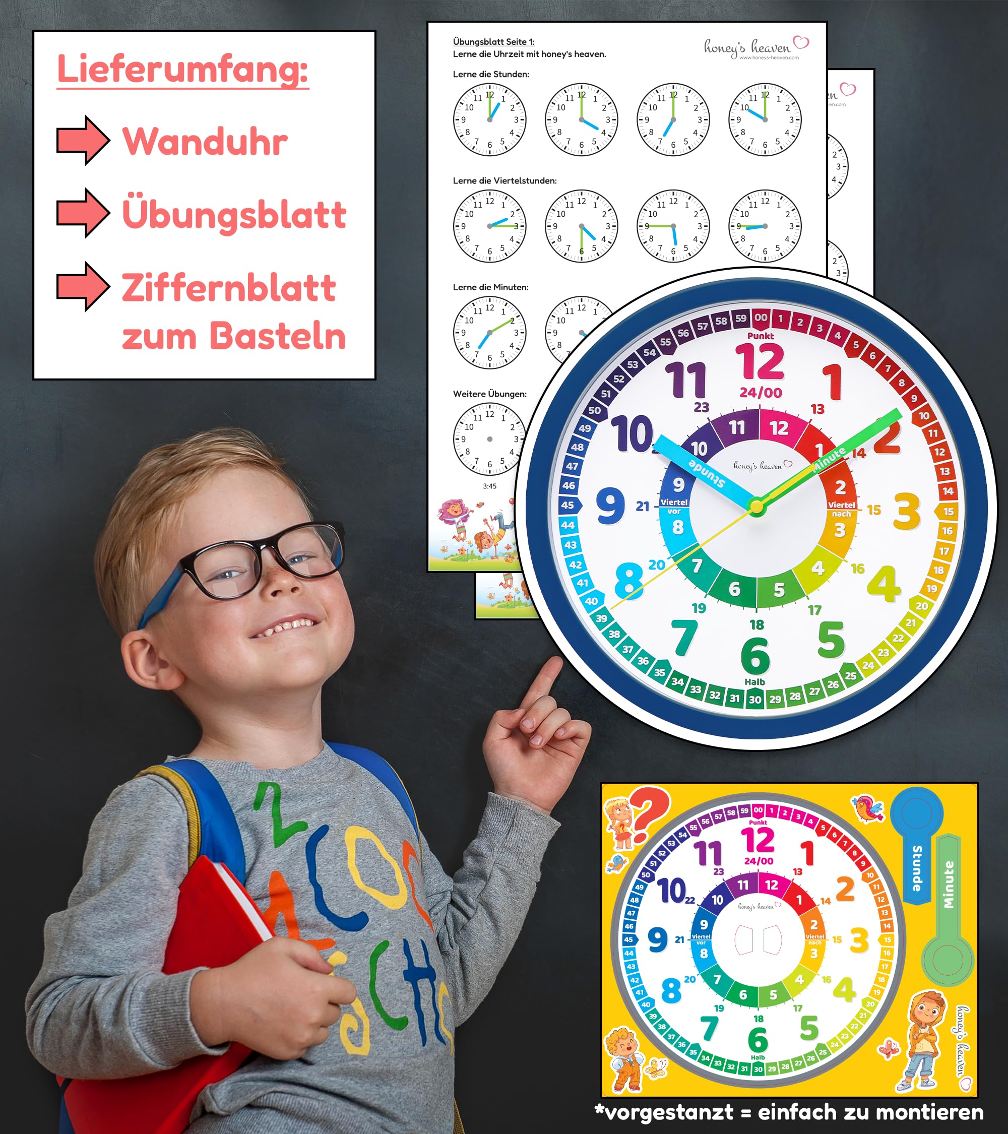 Honey's Heaven Wanduhr für Kinder - Lernuhr zum Lernen der Uhrzeit - analoge Kinderuhr ohne Tick Geräusche, mit lautlosem Uhrwerk - Kinderzimmer Deko für Jungen und Mädchen (Dunkelblau)