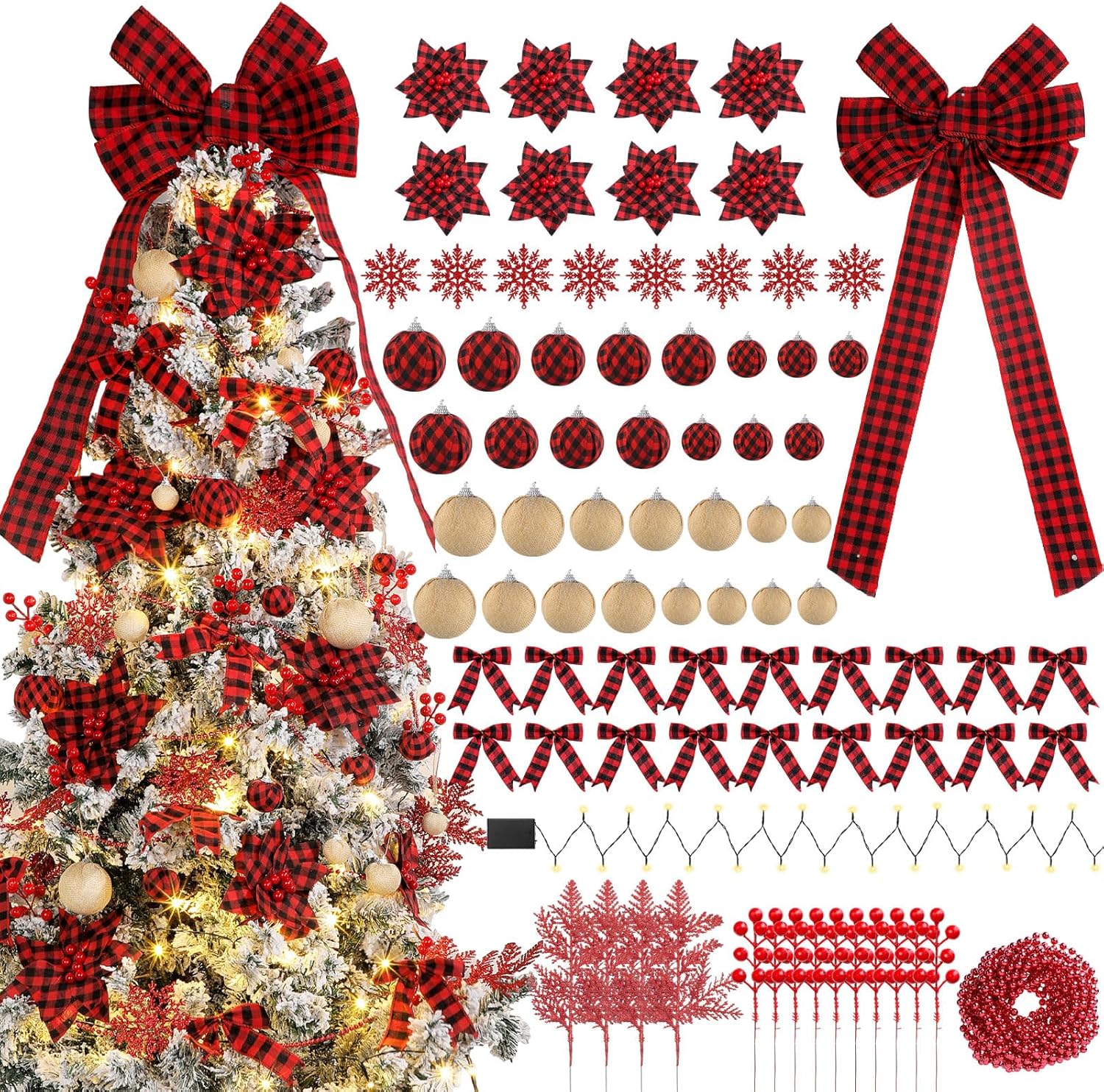 Lyrow 94 Pieces Buffalo Plaid Christmas Tree Decorations Set Buffalo Plaid Christmas Ball Ornaments Poinsettia Flowers Decorations Berries for Xmas Holiday Wedding Decor(Black, Red)