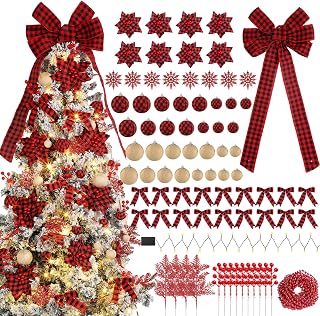 Lyrow 94 Pcs Buffalo Plaid Christmas Tree Ornament Set Bows,Black, Red