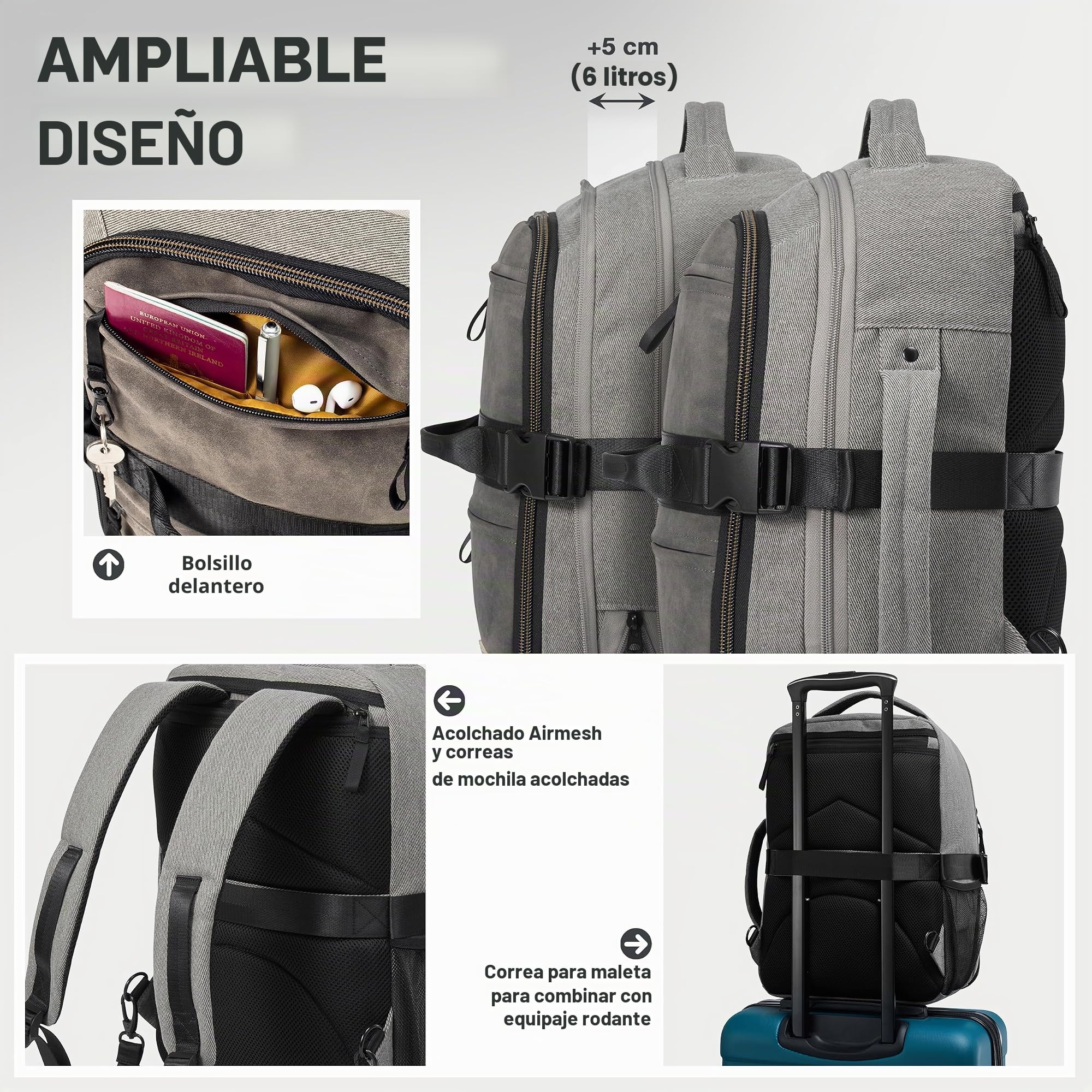 Cabin Max Evos Bolsa Viaje 40x30x20 Mochila Extensible de Mano híbrida con Ruedas (40 x 30 x 15 cm y 40 x 30 x 20 cm), Gris, 40x30x15, Equipaje de Mano Debajo del Asiento