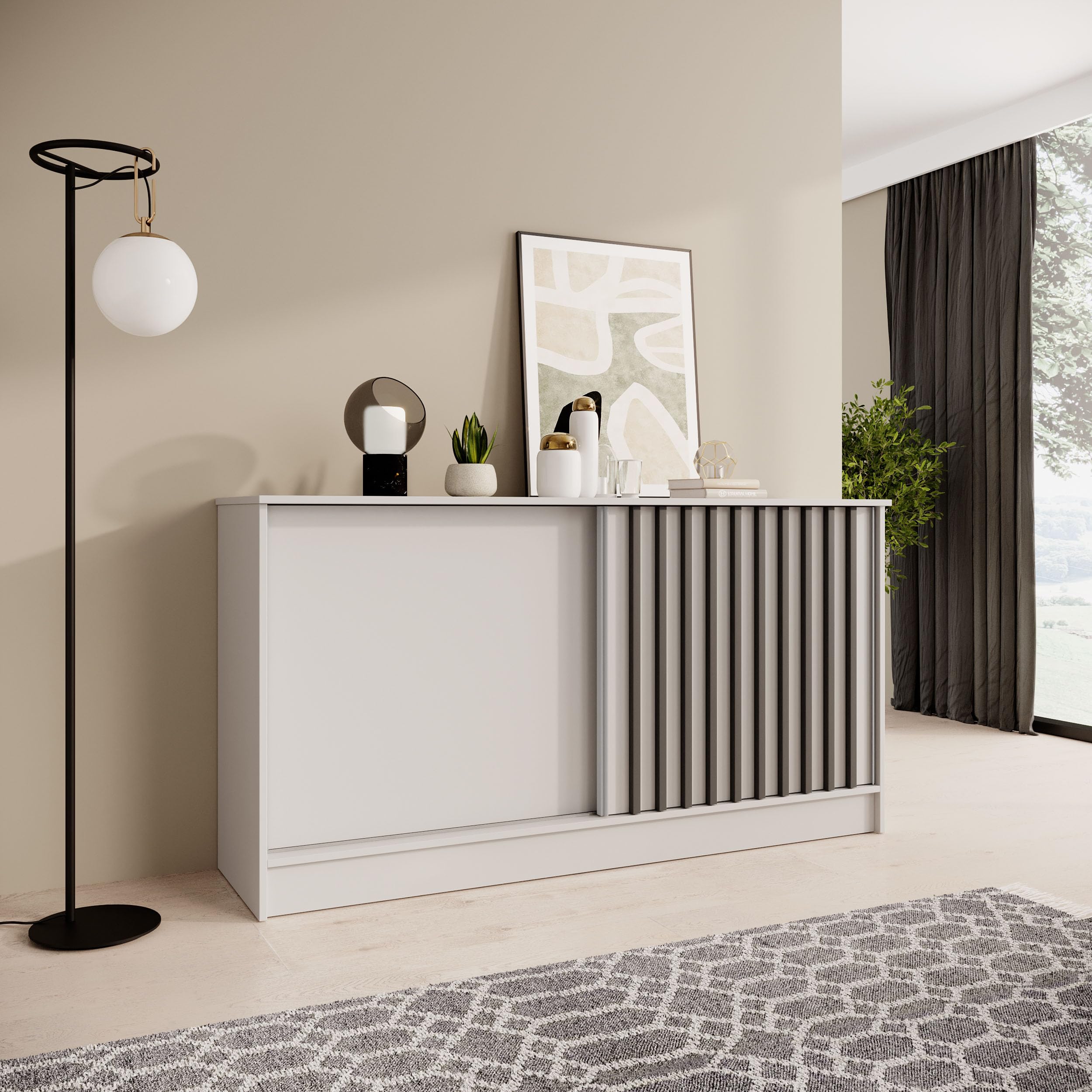 Kommode mit 2 Schiebetüren Horizon, in 100 cm, 120 cm oder 160 cm, dekorativen Lamellen (Weiß + schwarz, 161, Zentimeter)