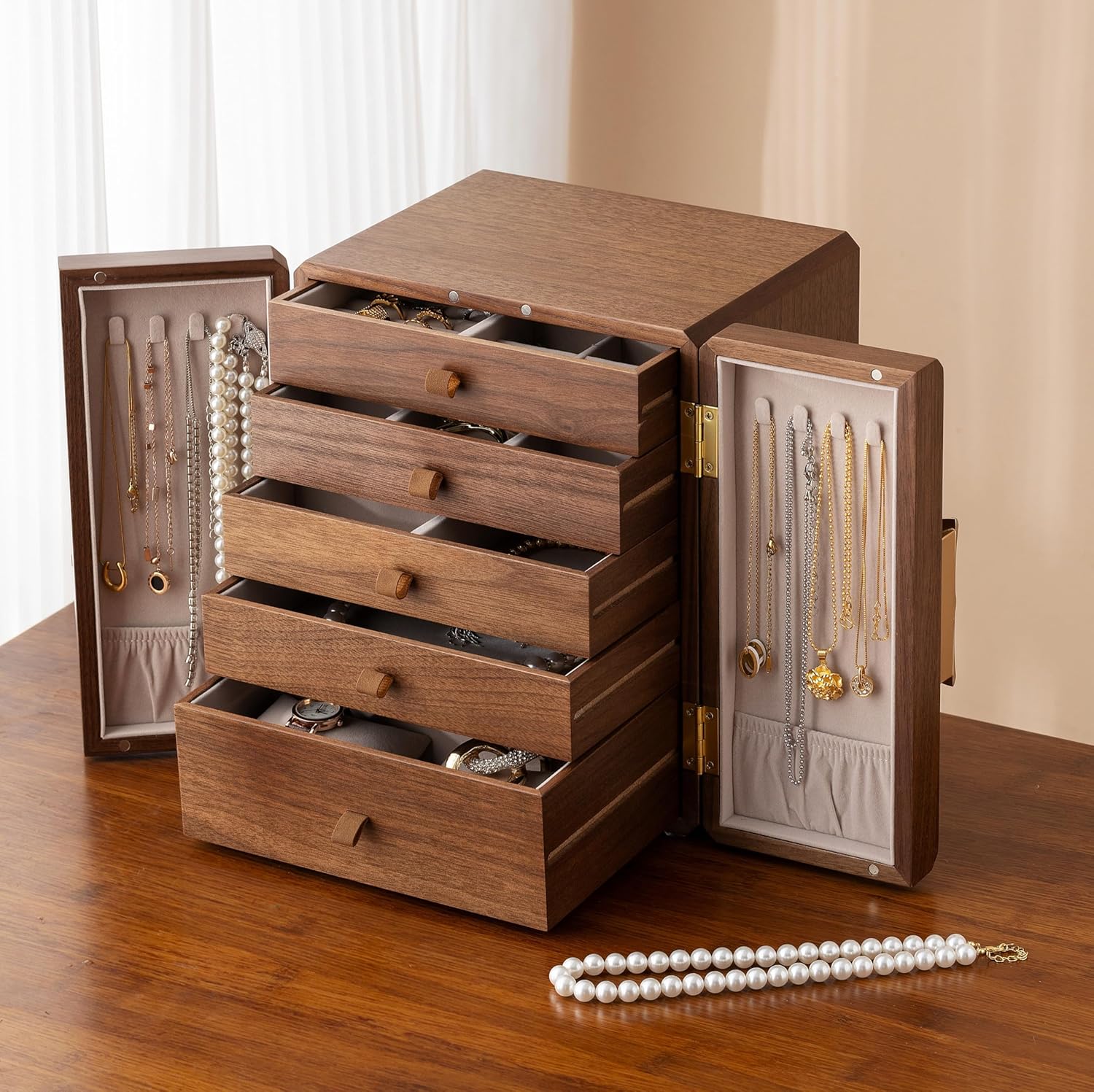 Double Door Black Walnut Jewelry Box, Gold Quatrefoil Handle & Magnetic Closure, for Necklaces, Rings, Earrings - Gift for Wife, Mom, Bride, Mother's Day, Valentine's Day, Wedding, Anniversary