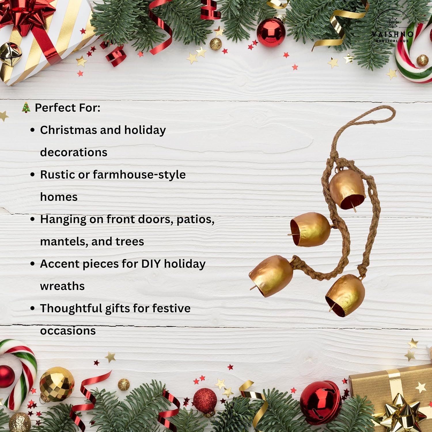 Handmade Wrought Iron Bell Chime with Brass Finish – 4 Bells – Rustic Wall Hanging with Jute Rope – Boho Farmhouse Patio, Porch & Garden Decor - Image 6