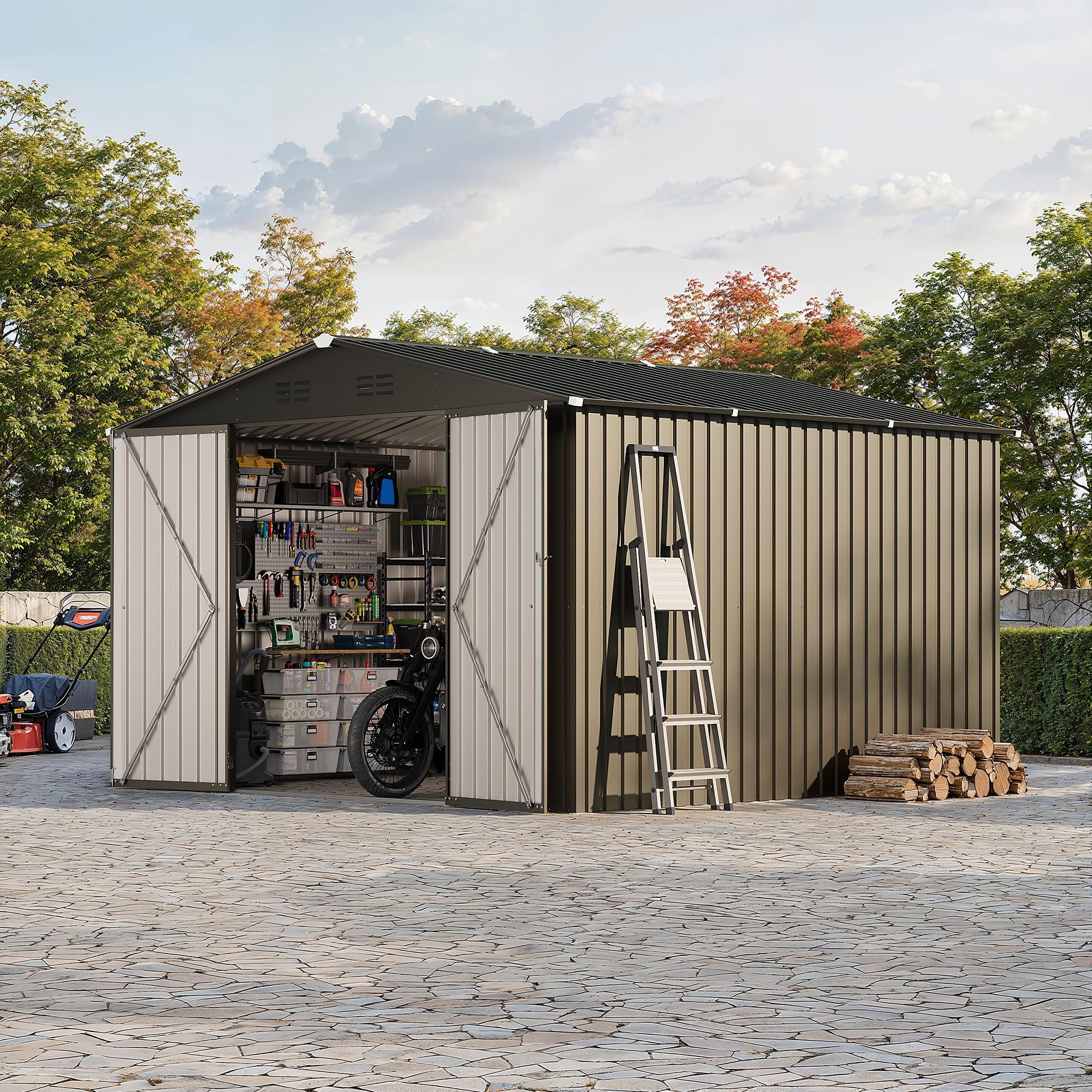 Garvee 10x10 FT Outdoor Storage Shed–Sloping Roof, Double Lockable Door