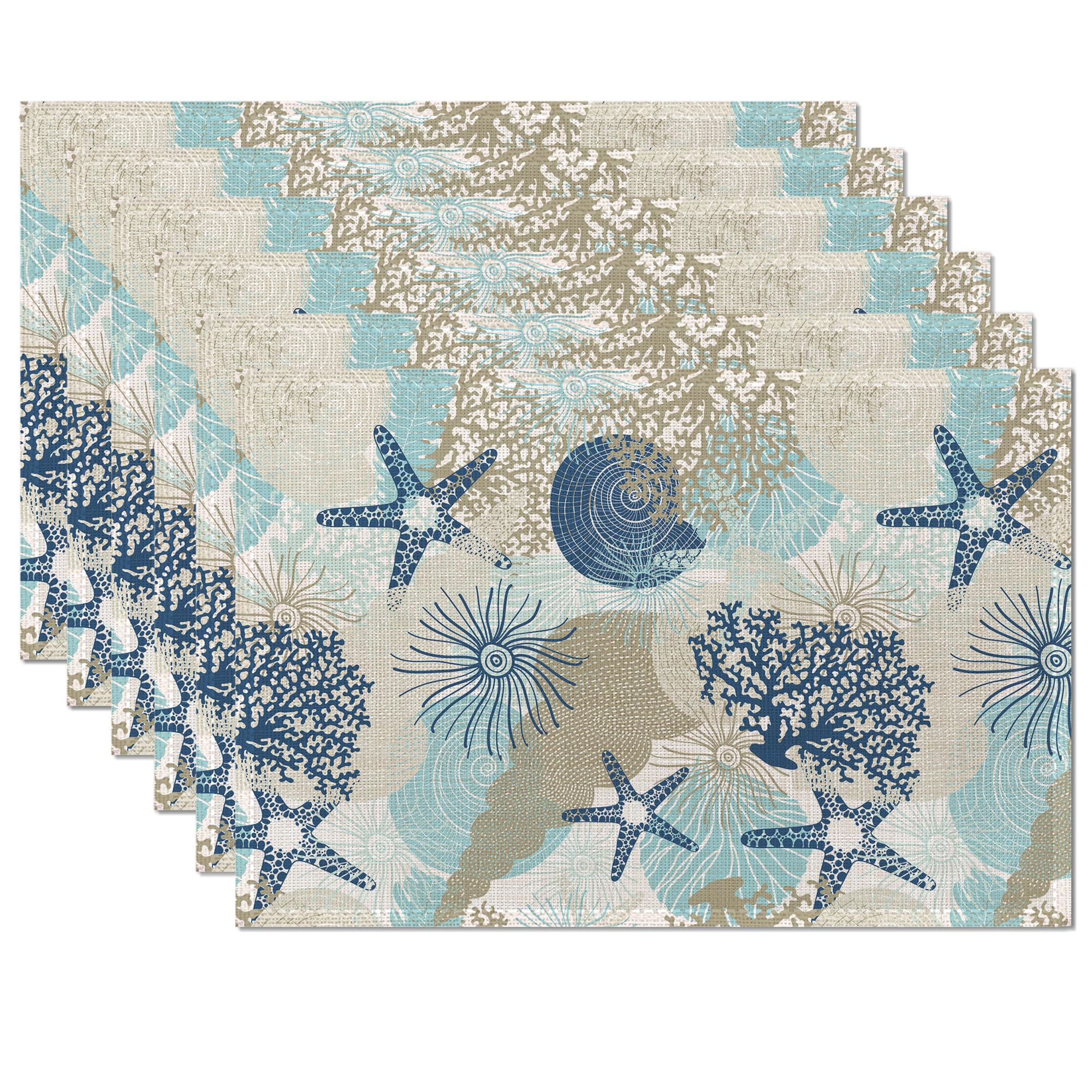 Shells Coral Summer Placemats Set of 6,Table Mats Non-Slip Heat Resistant Washable Placemat for Party Kitchen Dining Table Decoration Indoor Outdoor