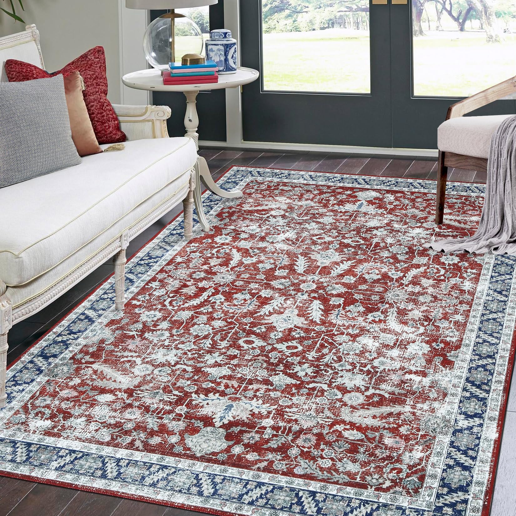 ROYHOME 8x10 Area Rug Machine Washable Rug Traditional Distressed Carpet Stain Resistant Non-Slip Floor Cover Carpet Oriental Medallion Accent Rug for Living Room Bedroom Dining Room, Brick Red