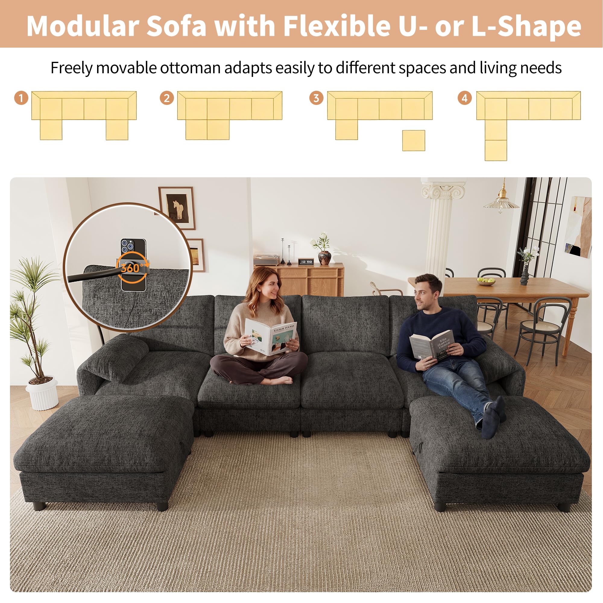 Sofa Modular Esquinero en Forma de U/L con 2 Taburetes de Almacenaje | Sofa Rinconera con USB y Soporte para Móvil, Sofas de Salon para 6 Personas, Chenilla, 273.5x133x81 cm, Gris