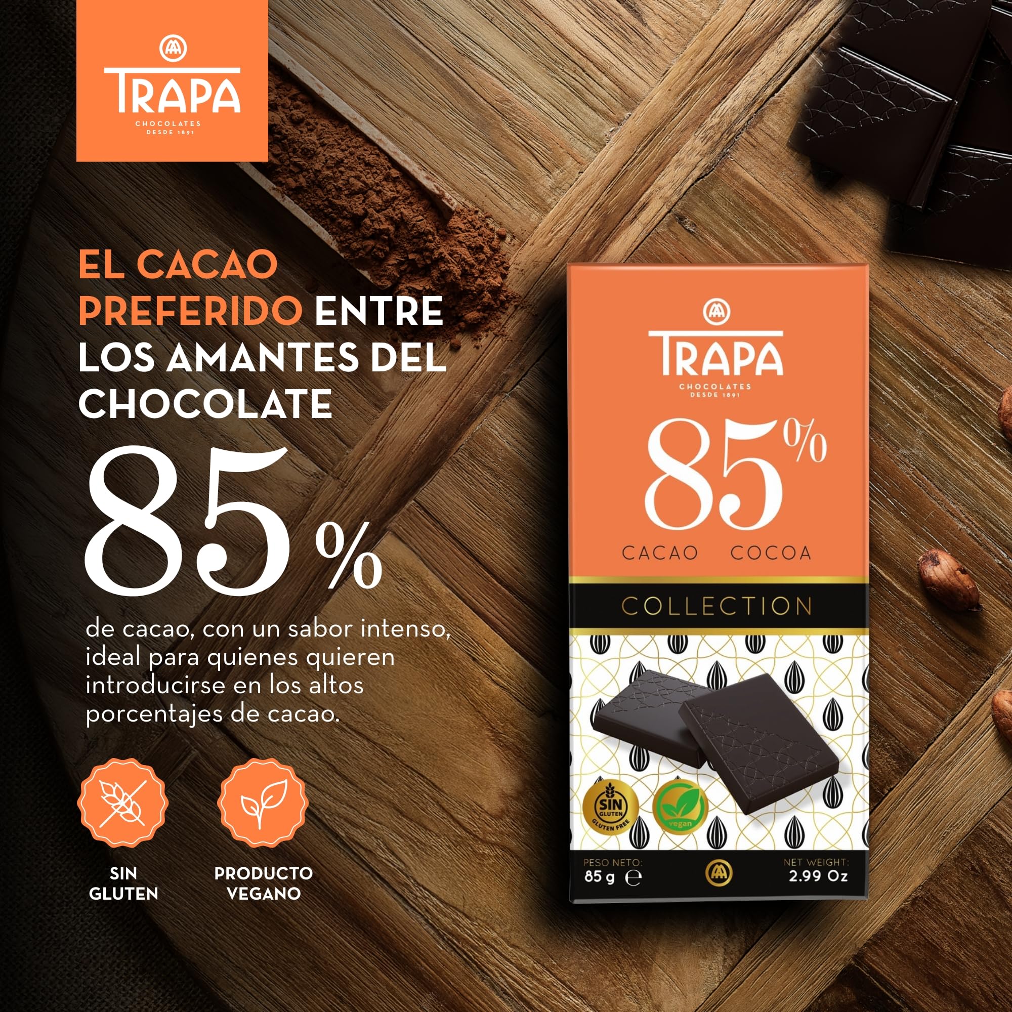 TRAPA COLLECTION | Chocolate Negro 85% Cacao | Tableta 85 g | Sin Gluten