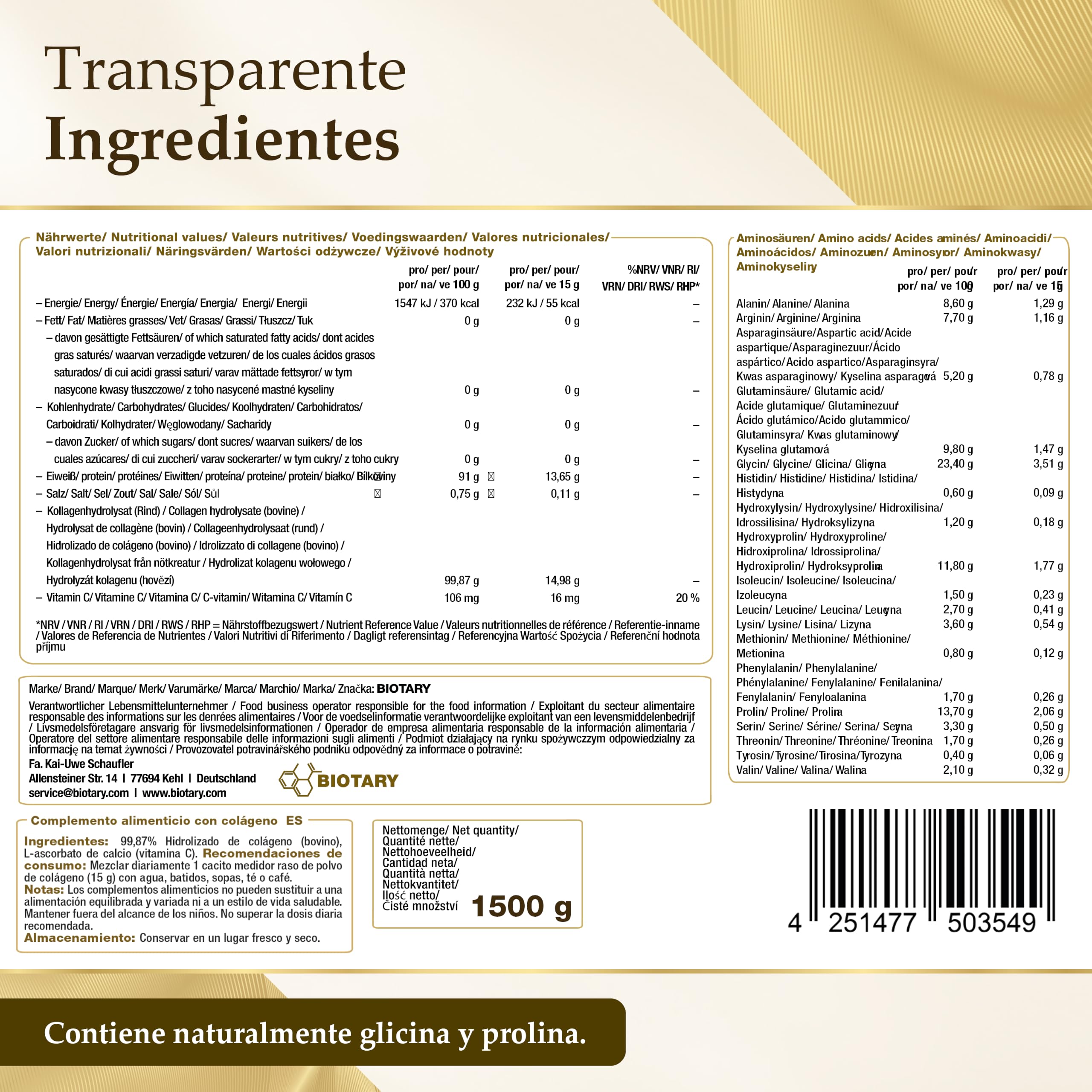 Colágeno hidrolizado en polvo 1500 g péptidos tipo I II y III sabor neutro
