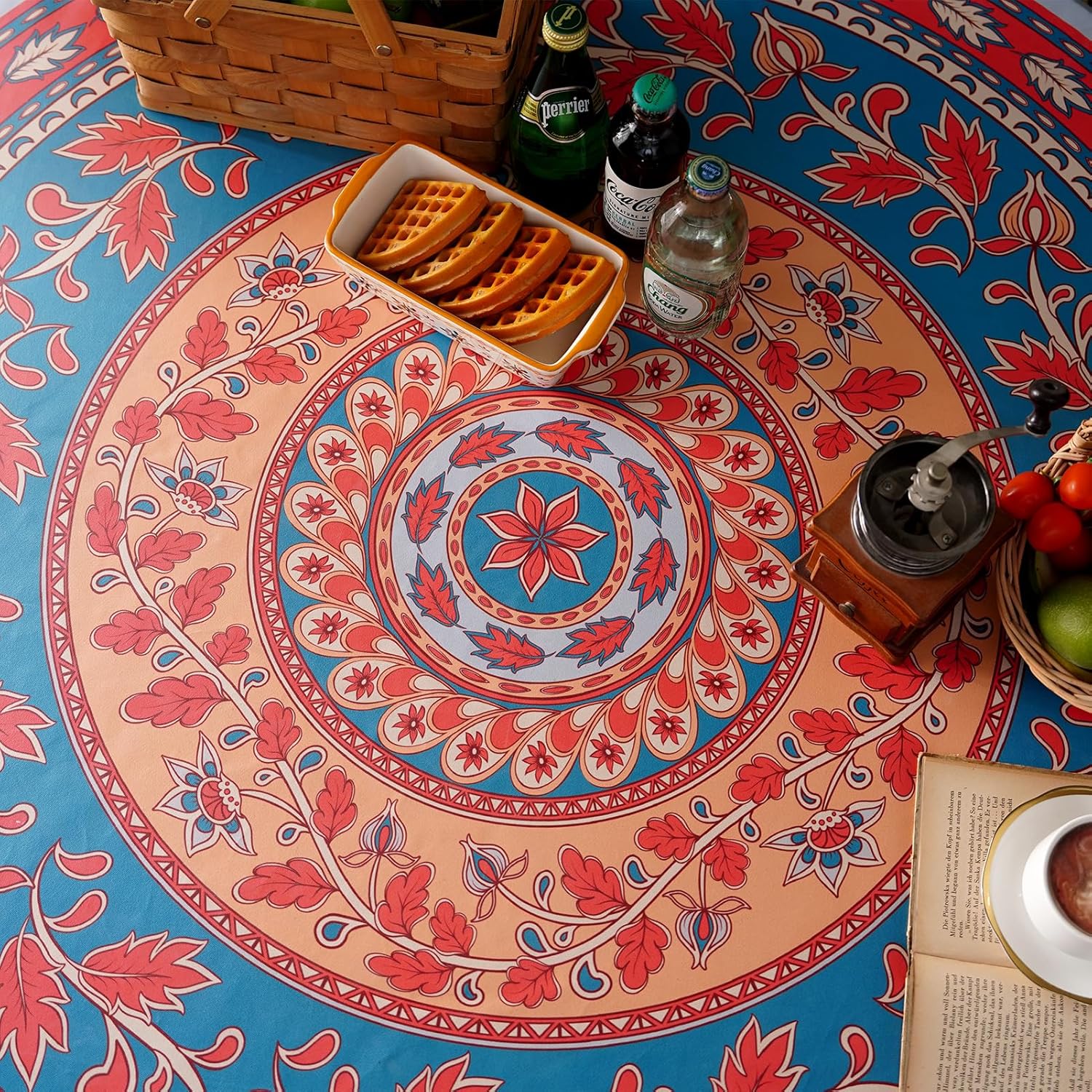 Round Fitted Tablecloth with Elastic Moroccan Waterproof Oli Proof Boho Table Cover Wipeable Vinyl Table Protector for Home Picnic Outdoor (Orange and Blue, 46"-55" Round Tight Fit)