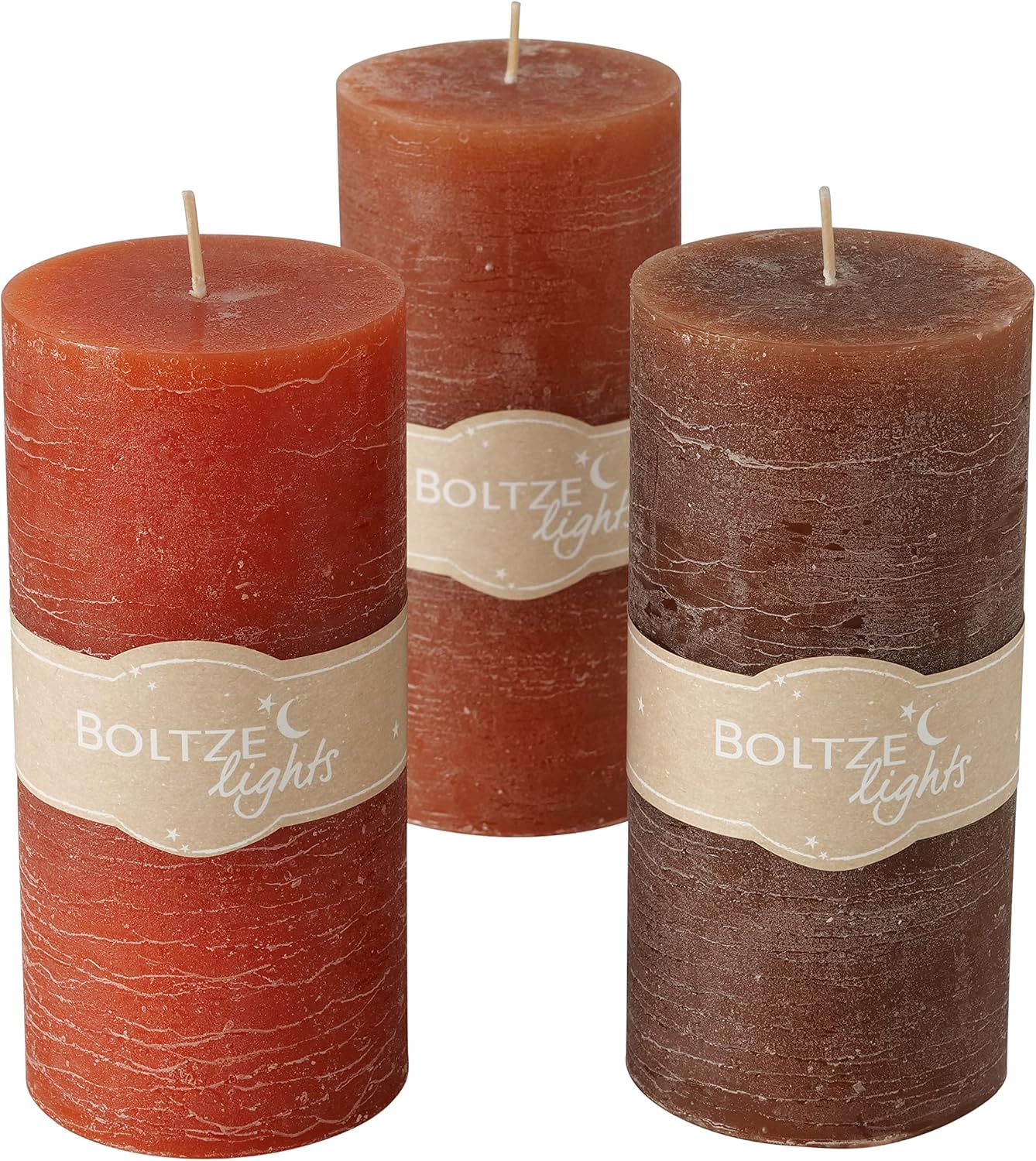 3 Piece Pillar Candle Set, Paraffin Wax, 68 Hours Burn Time, Cotton Wick, Shades of Marbled Amber, Rustic Brown and Dark Brown