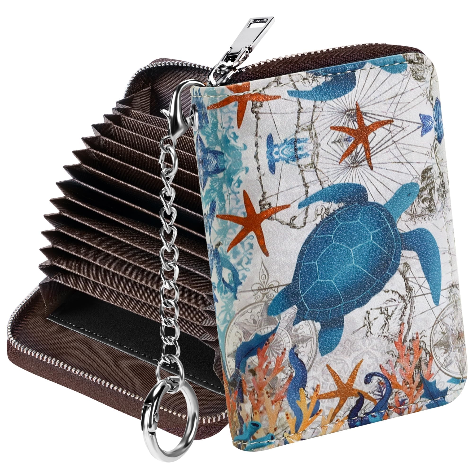 Mayski Credit Card Holder, Zipper Credit Card Wallet for Women, Small Accordion Card Cases Holder, KeyChain Wallet, Business Card Holder, Sea Turtle