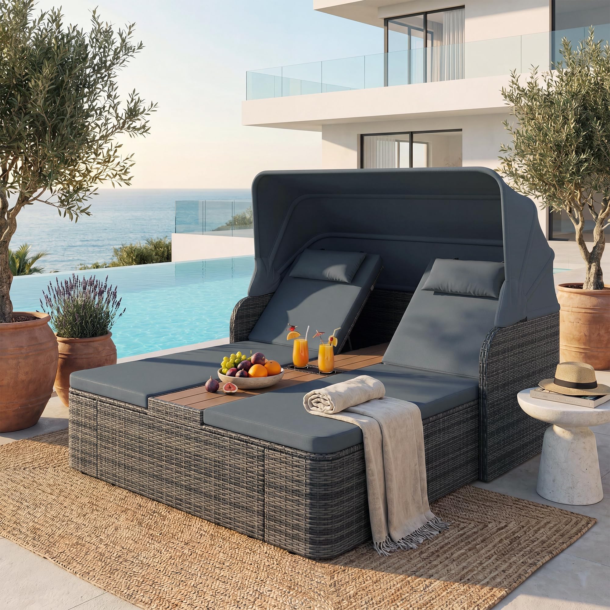 LIFEZEAL Sonnenliege 2 Personen, Gartenliege mit Verstellbarer Rückenlehne & Sonnendach, Doppelliege aus Rattan mit Kissen & Kopfstützen, Gartenbett mit Tisch & Getränkehaltern für Garten (Grau)
