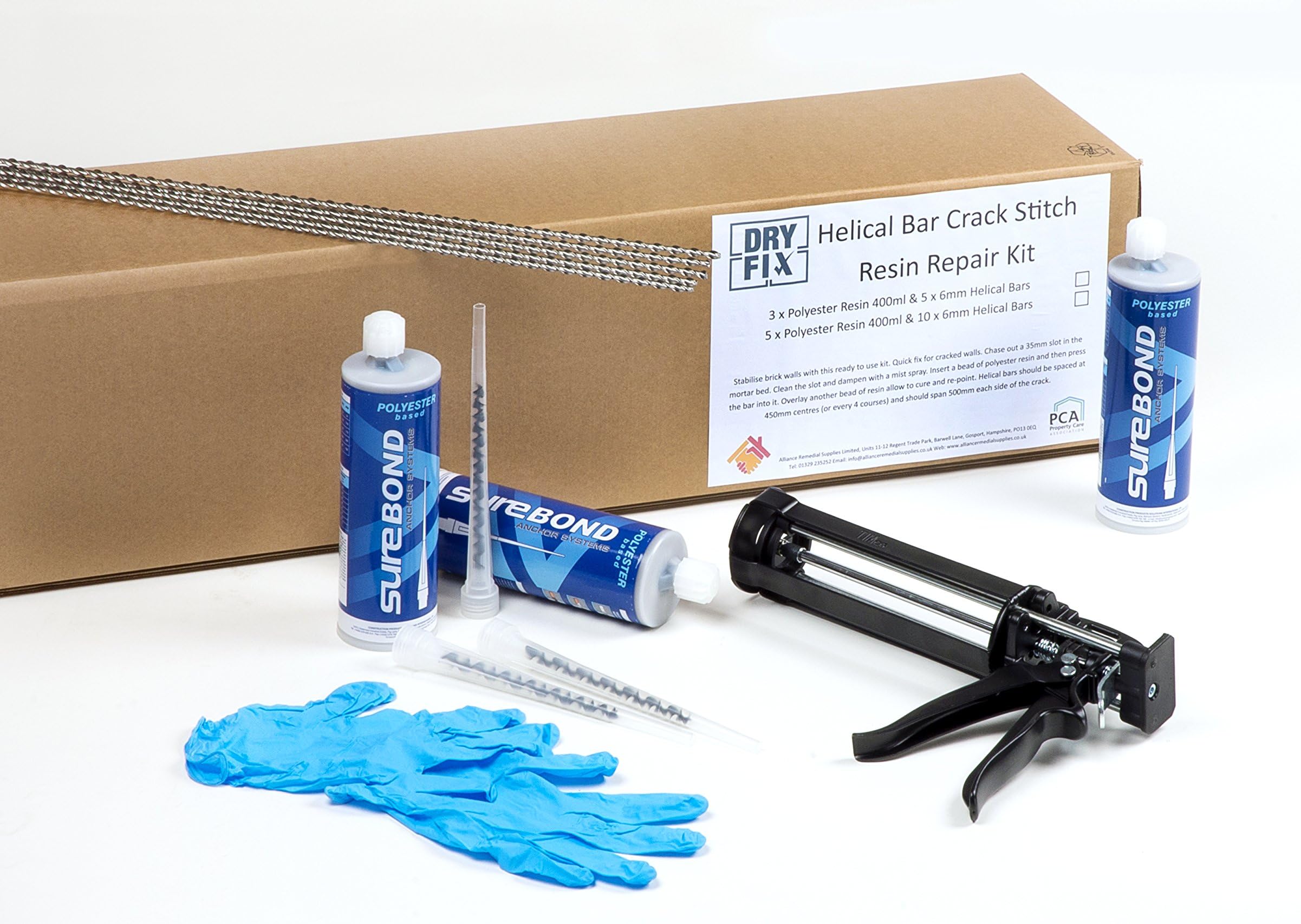 Helical Bar Reinforcement Repair Kit with 3 x Polyester Resin Tubes, Applicator Gun & 5 Helical Bars