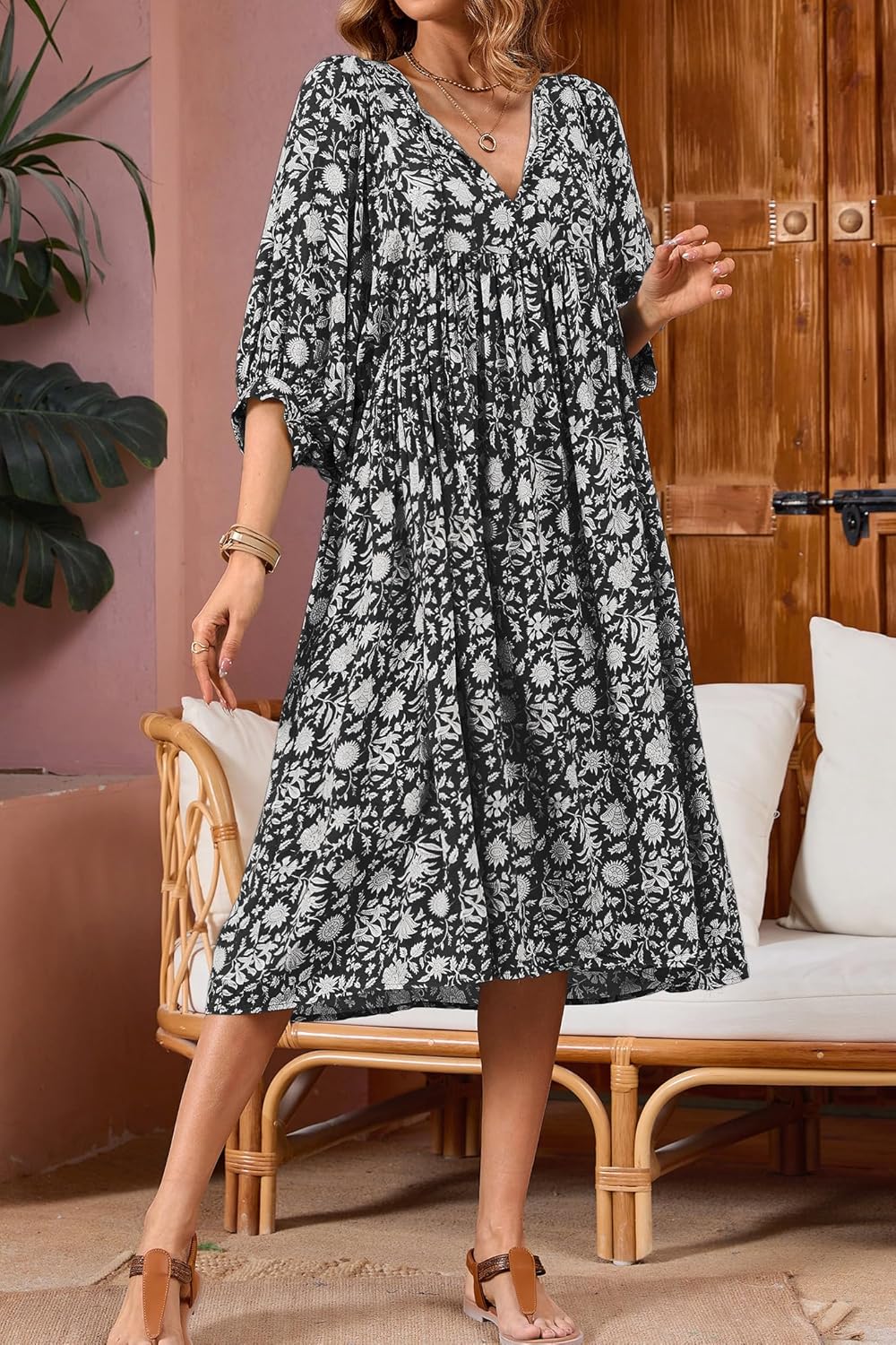 R.Vivimos Womens Summer Casual Midi Dress Lantern Sleeve Tie V Neck Boho Floral Print Loose Fit Flowy Long Dresses - Image 5