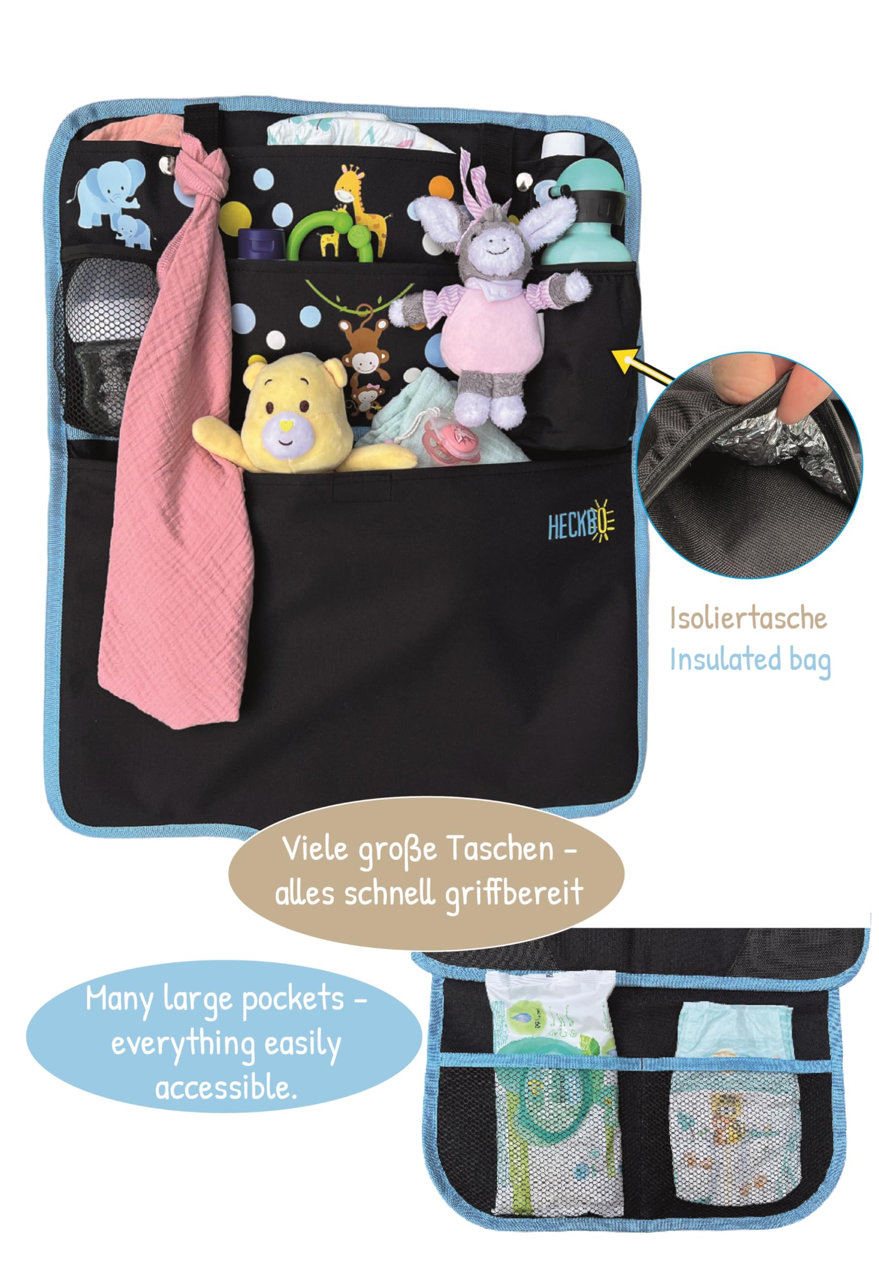HECKBO Pokrowce na fotele samochodowe dla dzieci - Organizer samochodowy - Baby Tiere Mama - Podkładka z ISOFIX, ochraniacz na siedzenia do ochrony foteli samochodowych, odpowiednia dla wszystkich