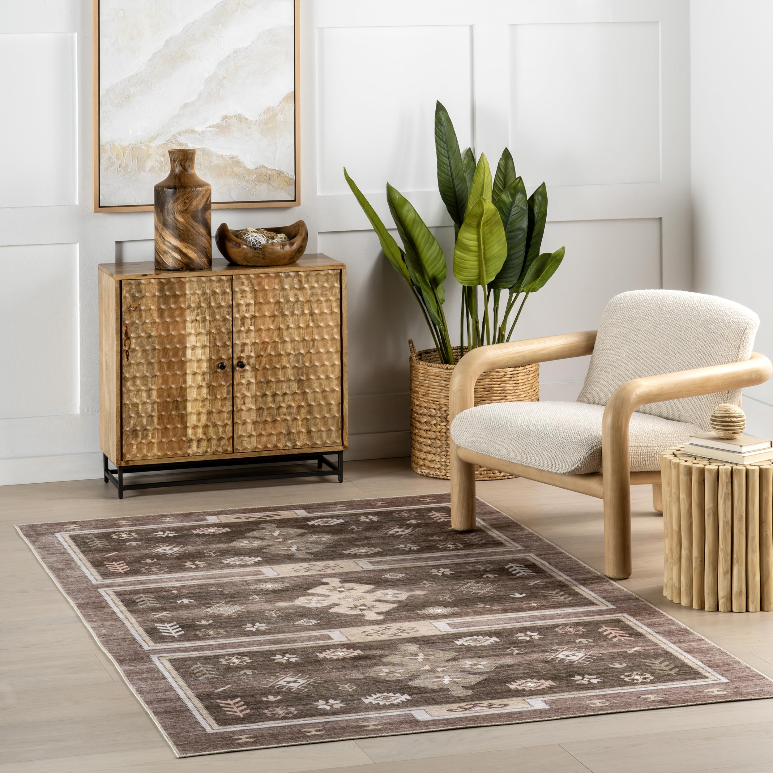 Tapis géométrique lavable en machine nuLOOM marron foncé grand format 3x4,3m